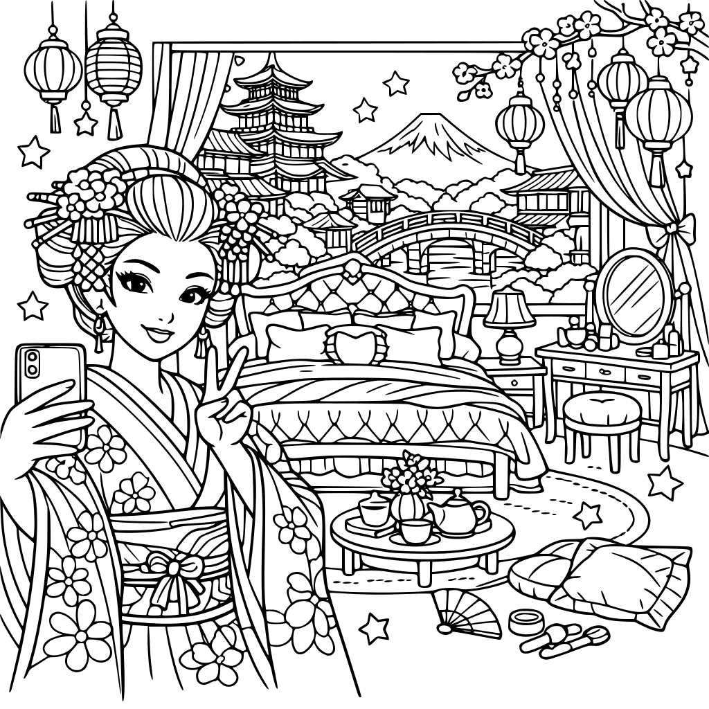 An ancient Japanese geisha town selfie aesthetic fantasy master bedroom for girls & women