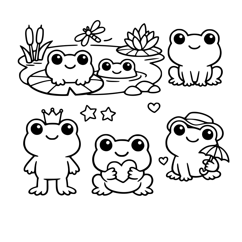 kawaii style frogs some in a pond setting and some stand alone