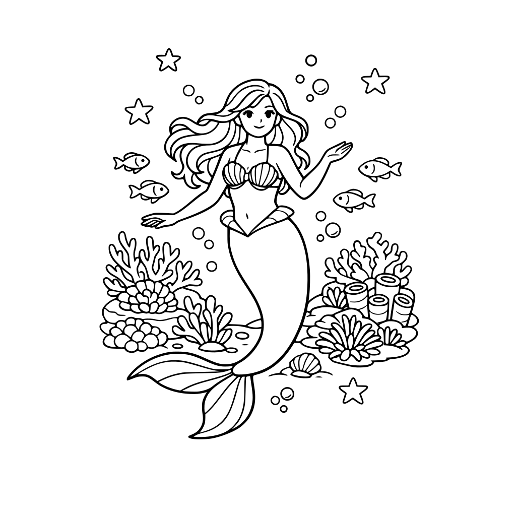 A mermaid floating in a sea surrounded by beautiful corals