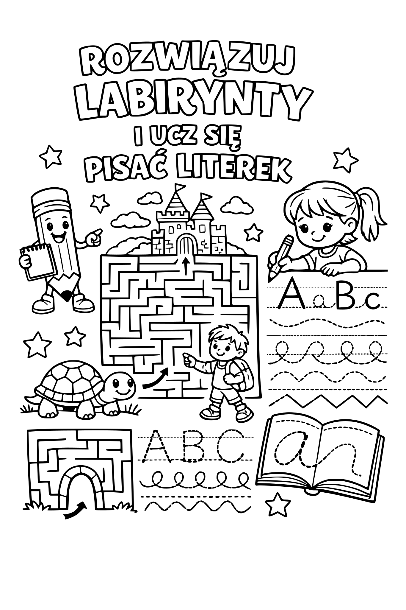 zrób okładkę tytułową ROZWIĄZUJ LABIRYNTY I UCZ SIĘ PISAĆ LITEREK okładka ma być bardzo kolorowa ma nawiązywać do tytułu czyli mają pojawić się elementy labiryntów i pisania po ślaczkach literek
