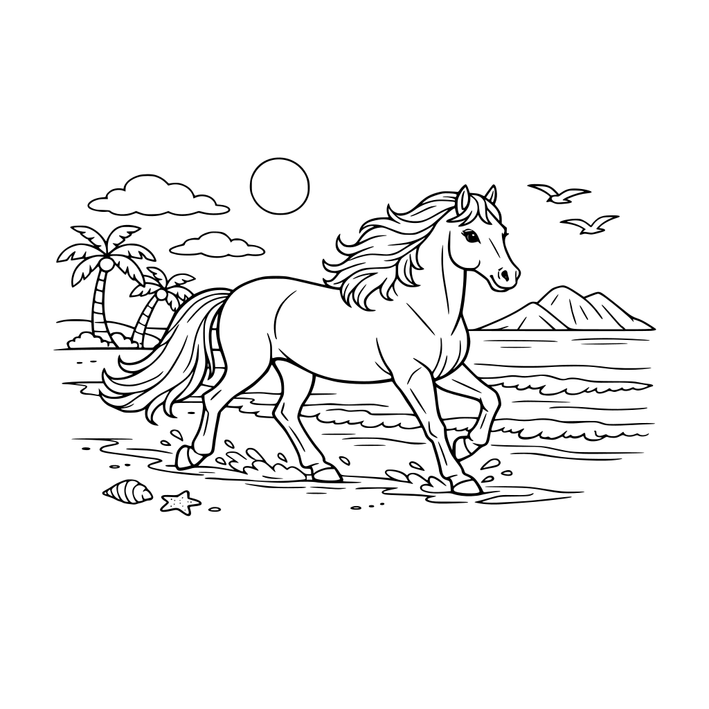 por favor dibuja una preciosa yegua, trotando por una playa