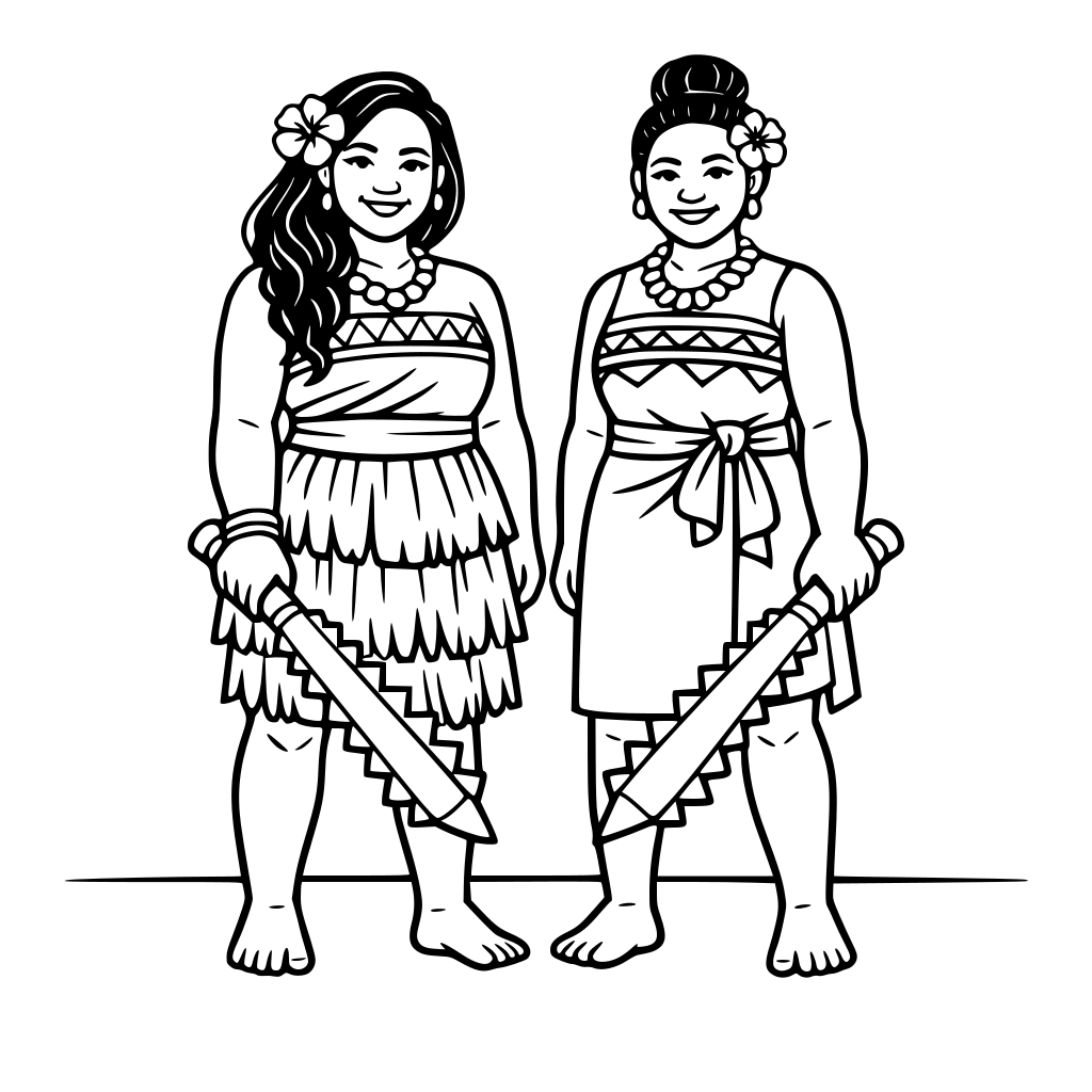 Two adult Pacific Islander women standing side by side holding simplified nifo oti clubs pointed downward, minimal horizon line.