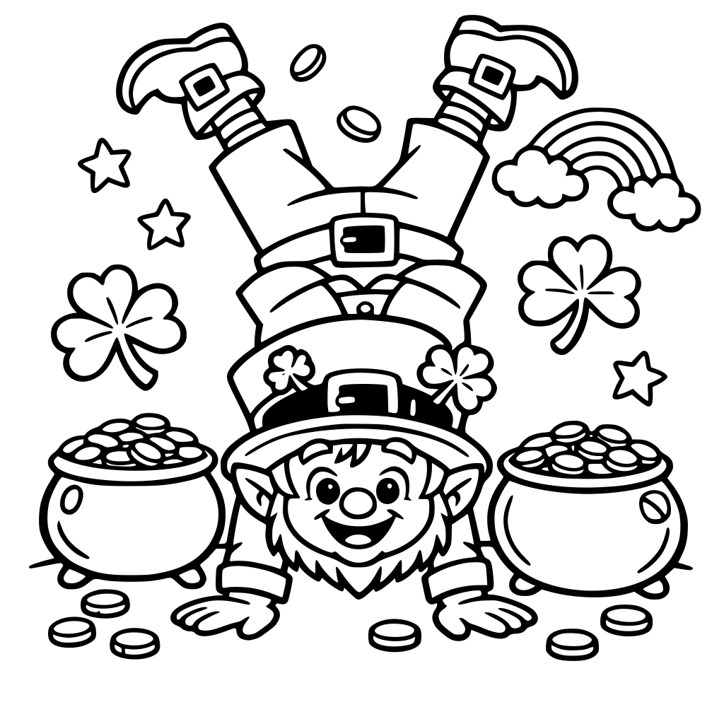 Portrait oriented coloring book page that is black and white with a cute friendly leprechaun. He is doing a handstand. Fill the whole page with great detail. Simple art bold and easy cartoon style.