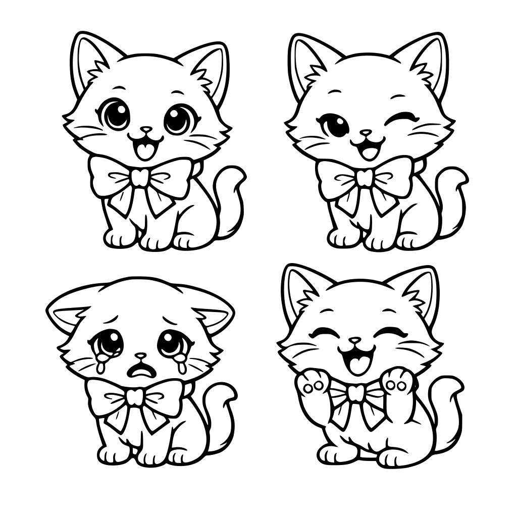 青い瞳のかわいい子猫、首にリボンをつけている、いろいろな表情のバリエーションがある