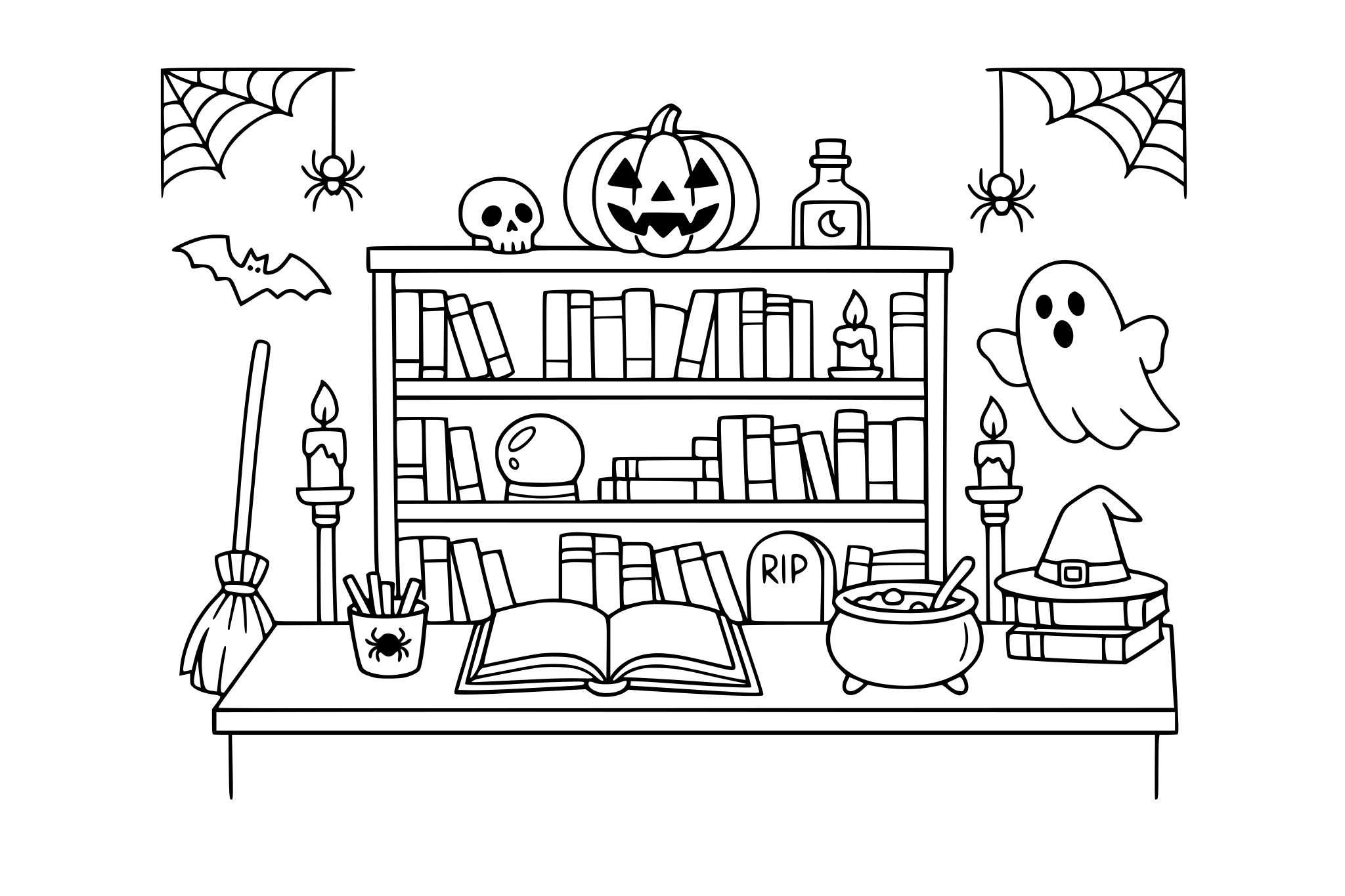 Halloween bookstore. minimalist line.
