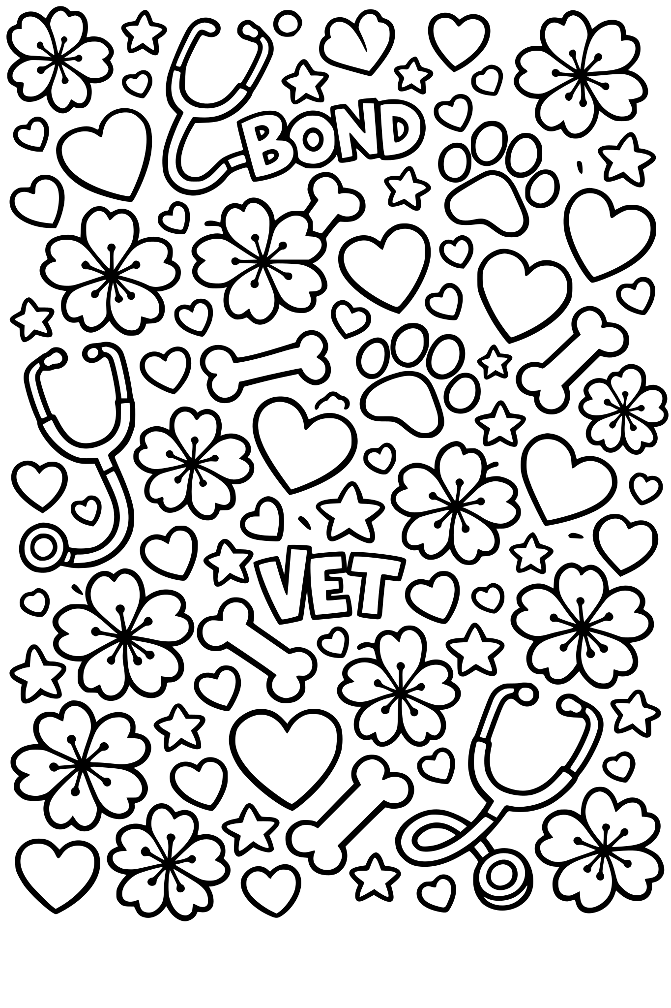 cute pattern of cherry blossoms, paw prints, hearts, bones, and stethoscopes, seamless pattern, black and white coloring page, thick outlines, hidden ‘Bond Vet’ text