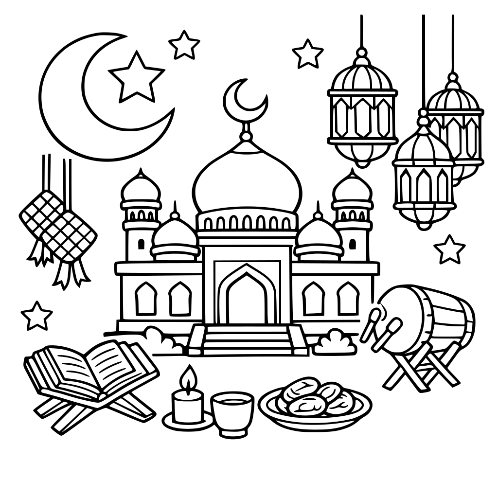 make me coloring book contoin picture mosque, crescent,and other picture relate on ramadhan sesion
