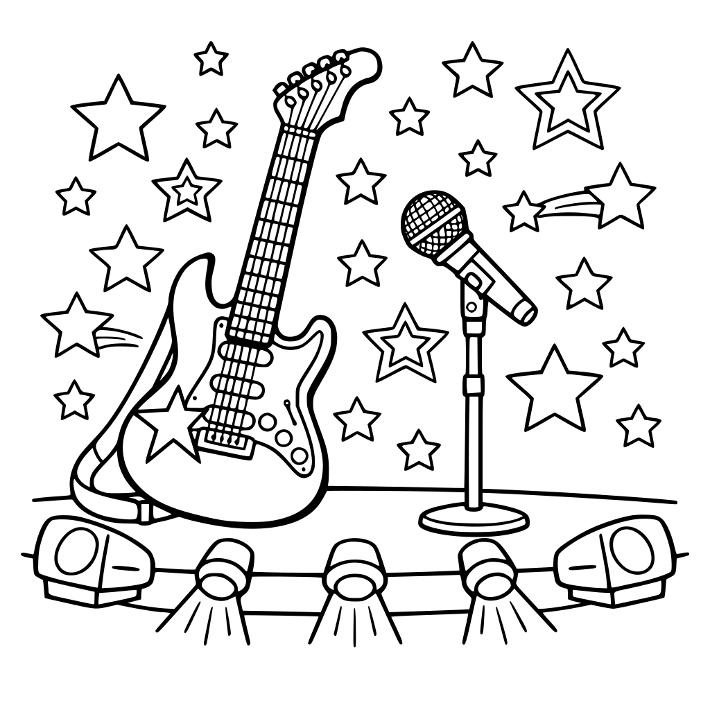una guitarra al estrilo pop Star con estrellas alrededor y un microfono en un escenario de canto