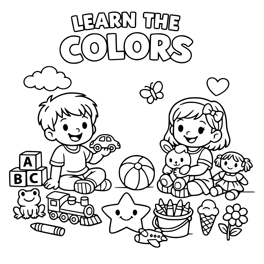 dibujo para aprender los colores en ingles en donde aparezcan un niño y una niña jugando con diferentes juguetes