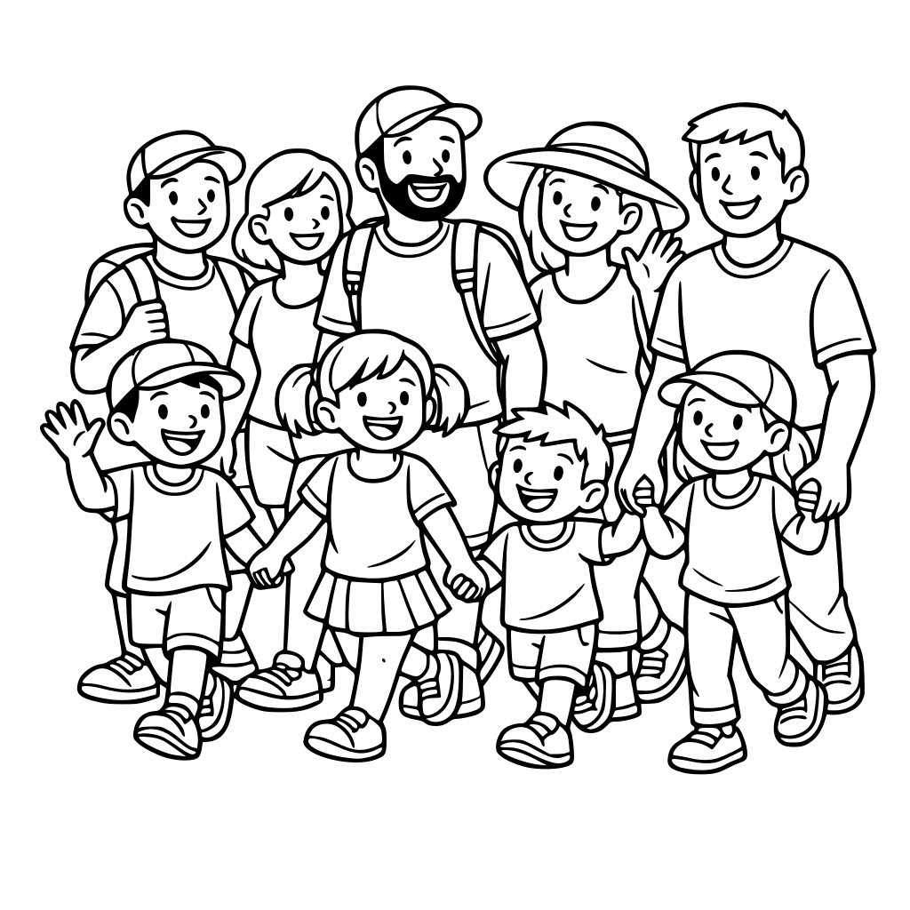 A group of kids and adults walking having fun