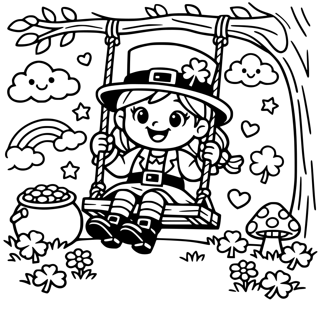 Square coloring book page that is black and white with a cute friendly leprechaun. She is swinging on a tree swing. Fill the whole page with great detail. Simple art bold and easy cartoon style.