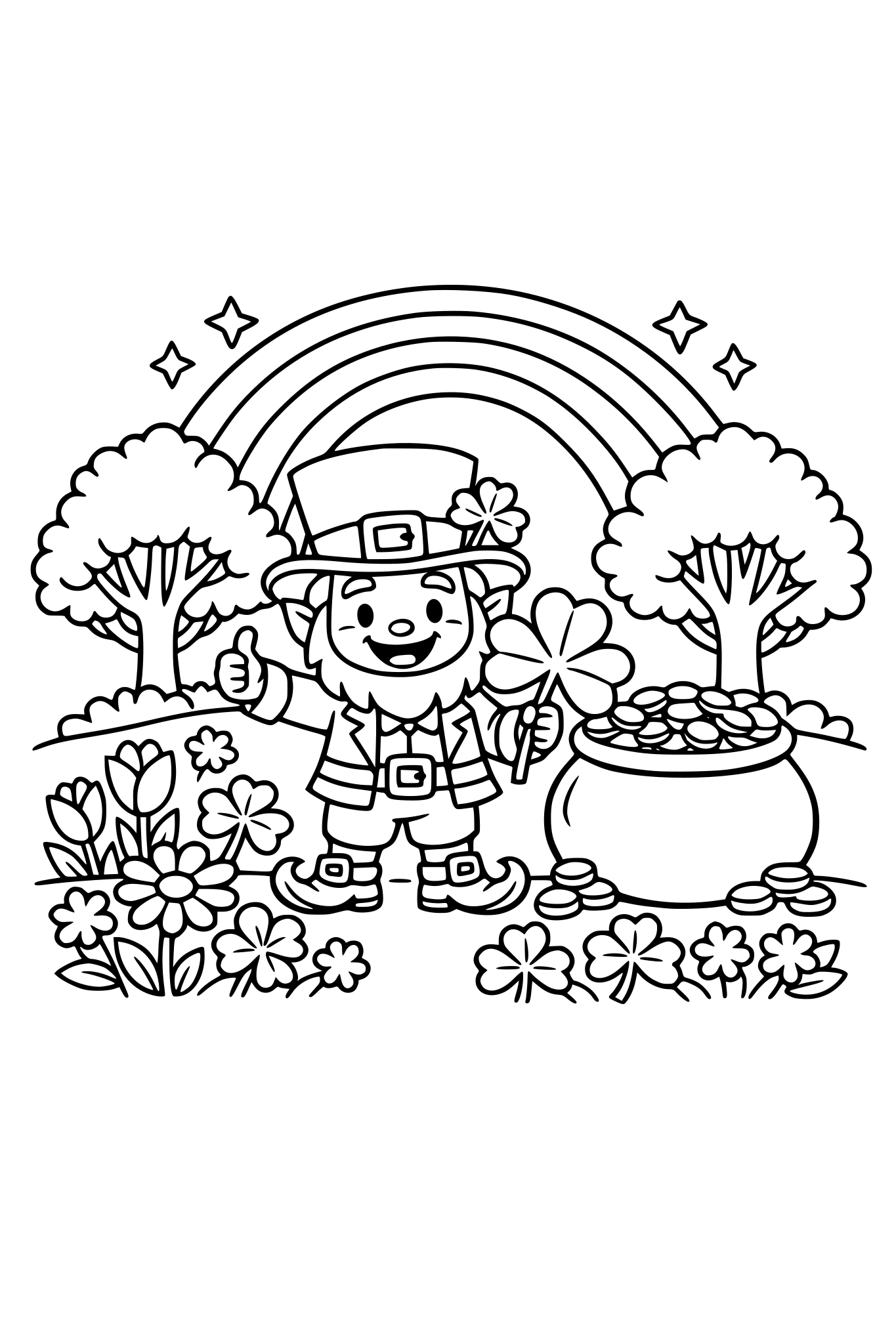 LEPRECHAUN, RAINBOW, POT OF GOLD, SHAMROCK, TREES, SPRING FLOWERS