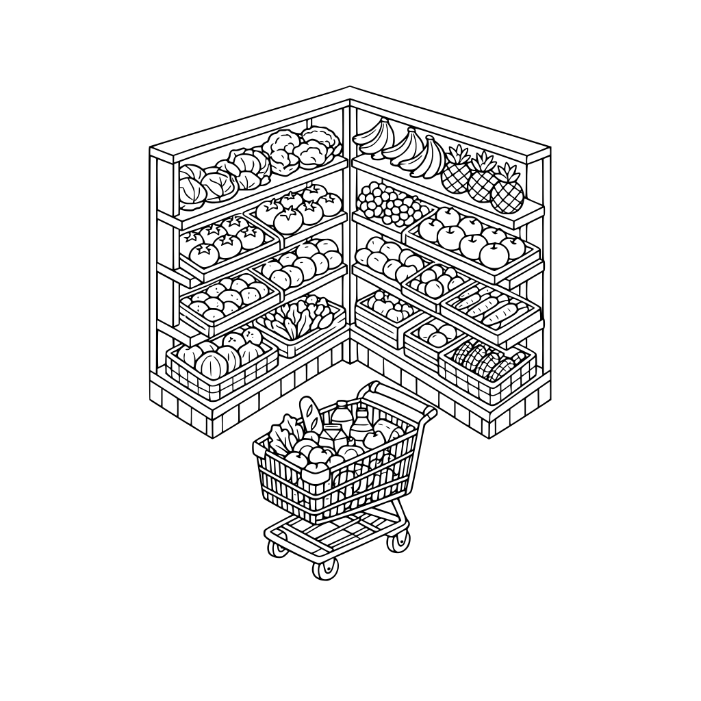 hygge style, cute and cozy, 3d isometric, grocery aisle corner with tall shelves, various fresh fruits and vegetables on display, shopping cart with groceries inside