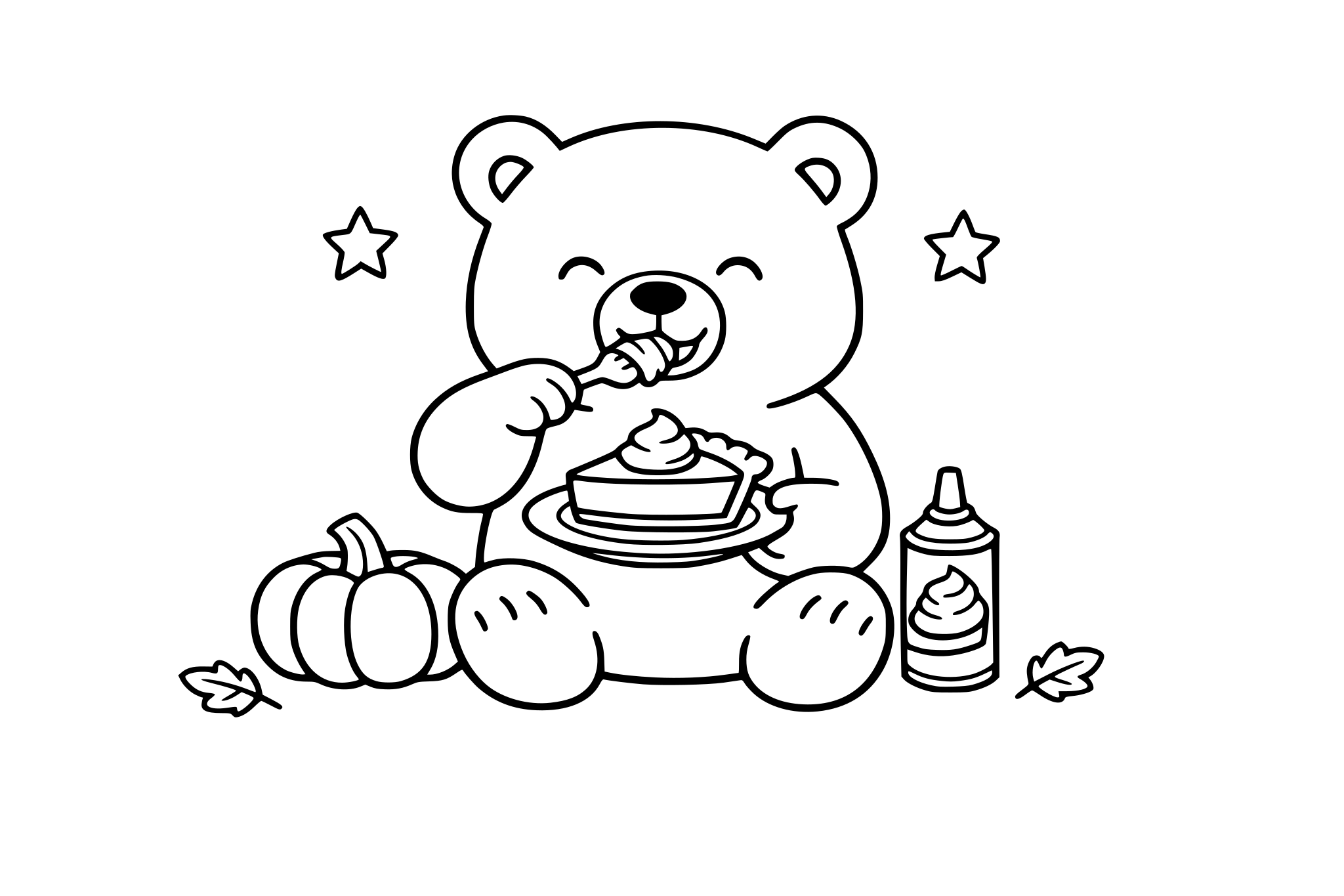 Bear eating pumpkin pie, minimalistic line.