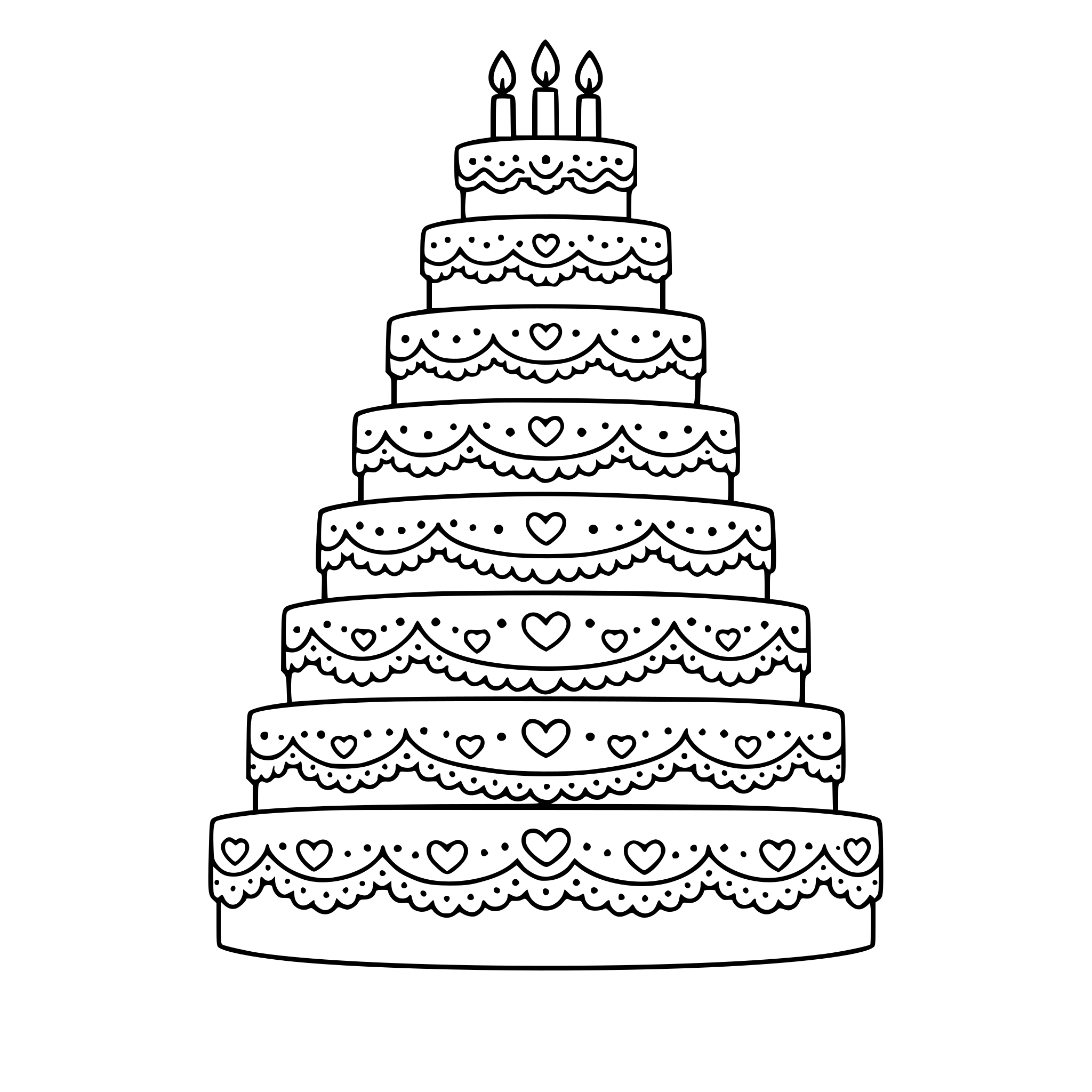 You are an illustrator specializing in simple and cute illustrations. Please create an illustration with a beautiful cake with 7 layers and lace decorations around the cake edges theme. The illustration will be placed in an 8.5" x 8.5" coloring book.