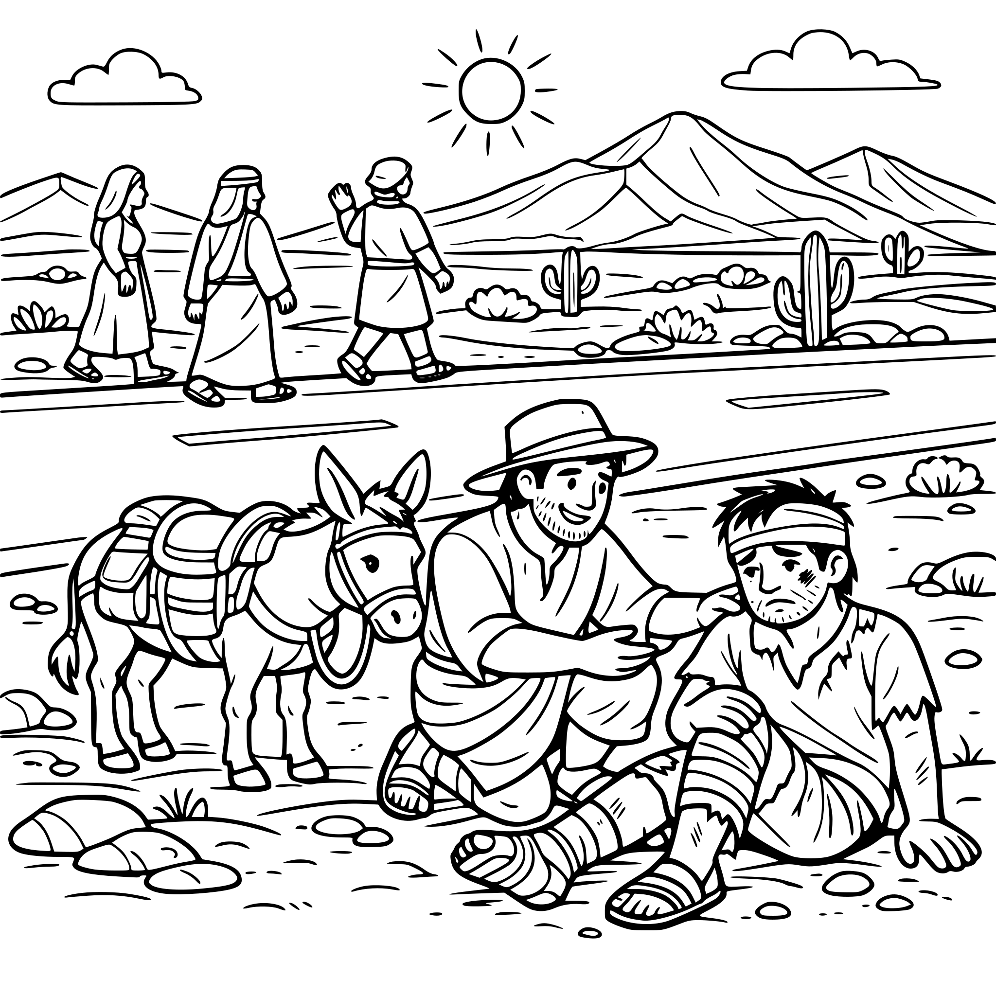 an injured man on the side of the desert road and 3 people ignoring him on the other side of the road; one man is stopping to help him with a donkey Make the injured man sad and hurt and the helping man look kind Add landscape elements too