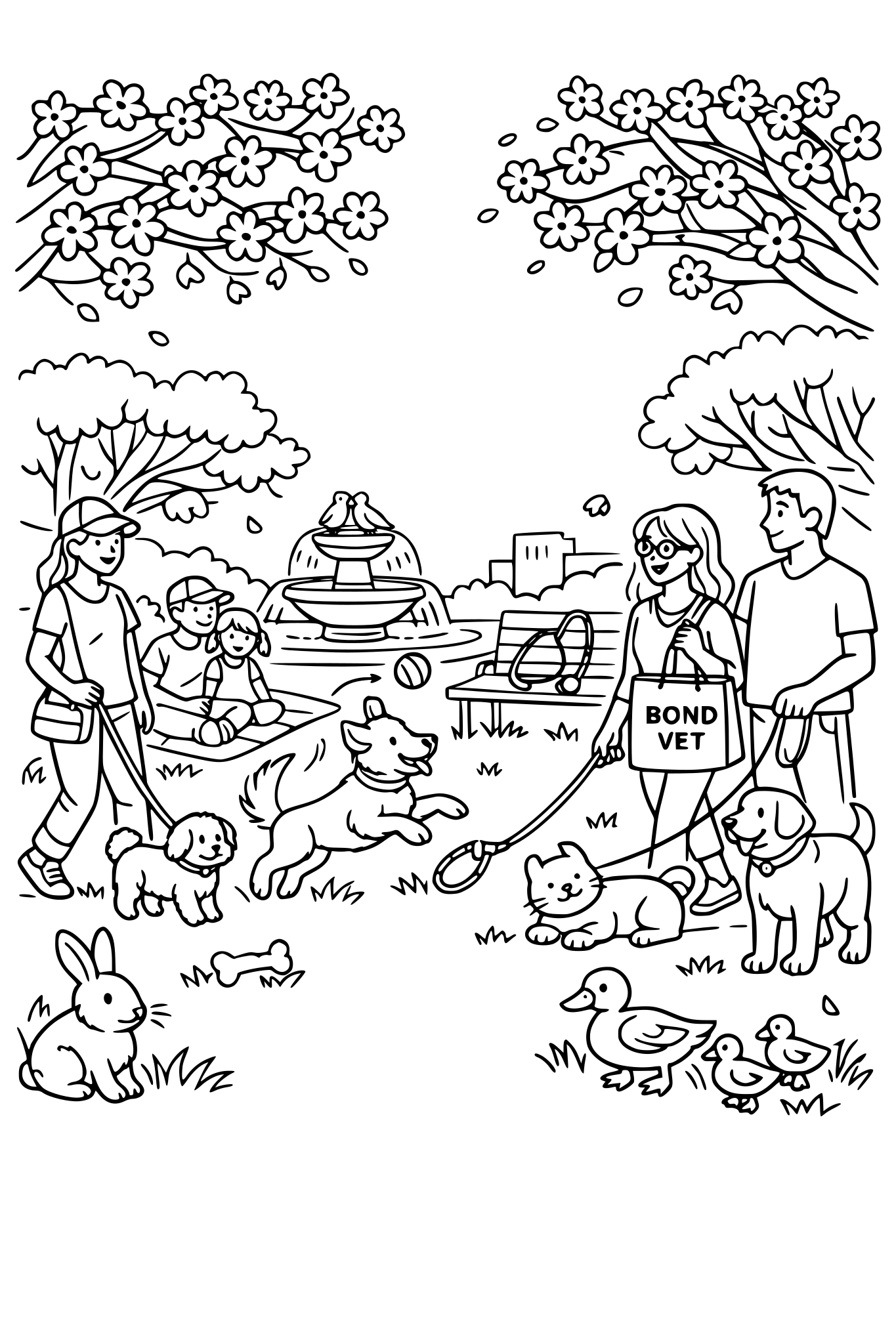 busy spring park scene with pets, cherry blossoms, people walking dogs, simple line art coloring page, hidden objects (bone, toy, stethoscope), subtle ‘Bond Vet’ bag
