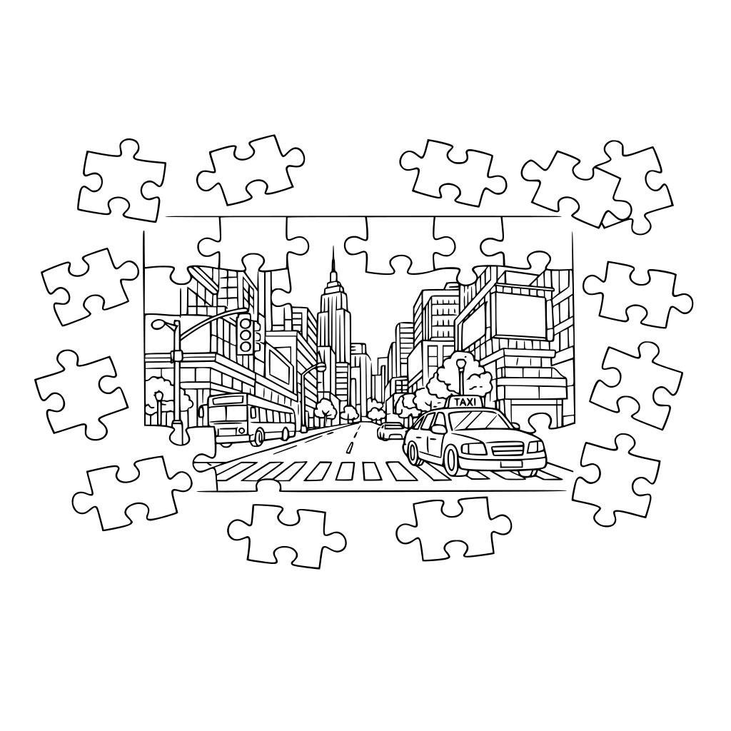por favor dibuja un puzle que contenga una calle de una gran ciudad y las piezas están esparcidas por todas partes