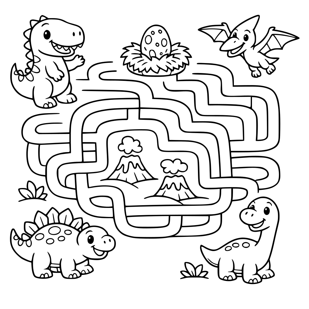 capa de livro de crianca para colorir. tema labirinto simples e dinossauros sorridentes.