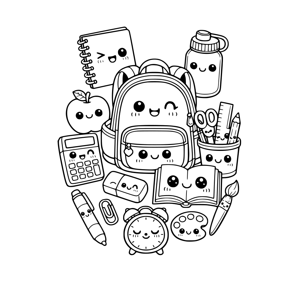 kawaii back to school items including backpack, notebook, pen, eraser, water bottle, and other relevant school items. each item has a cute kawaii facial expression. do not repeat items and do not repeat facial expressions.
