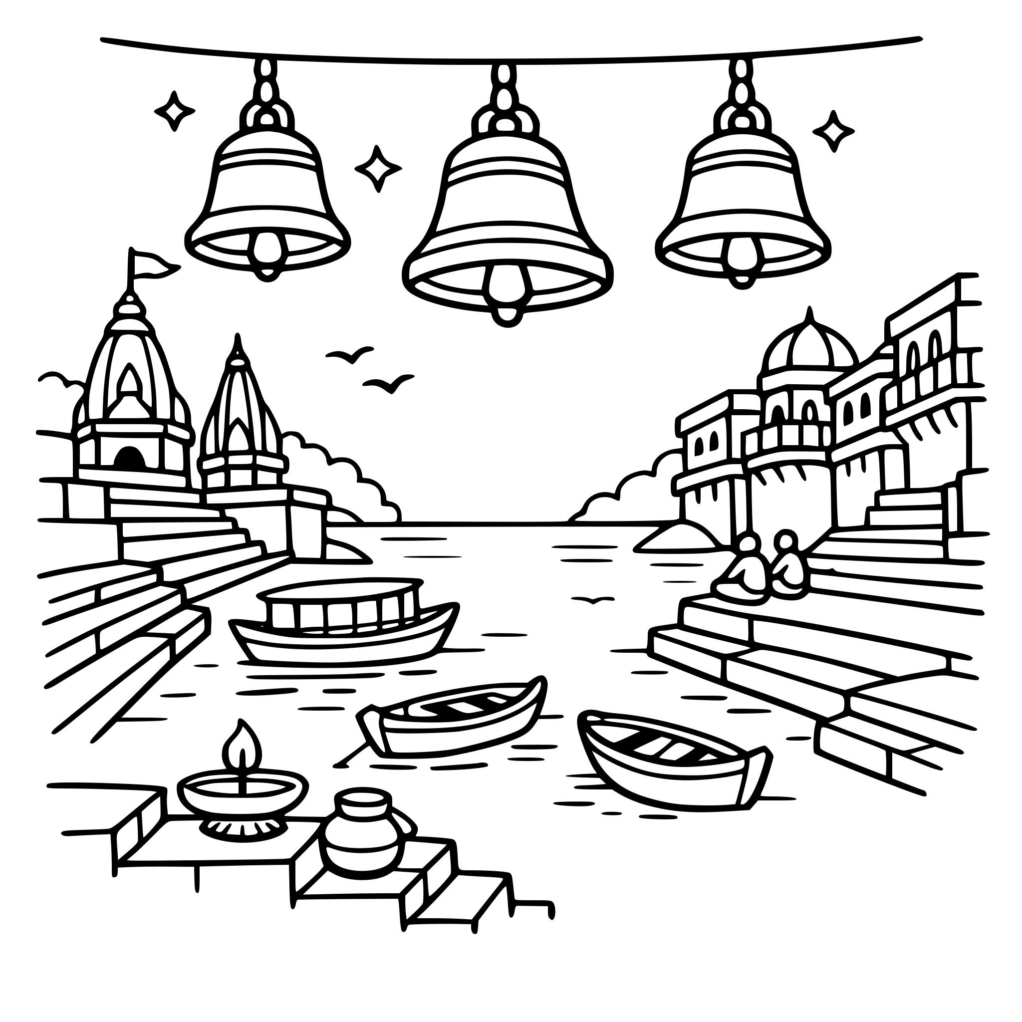 cute cozy simple Uttar Pradesh Varanasi ghat scene with boats, steps, and temple bells