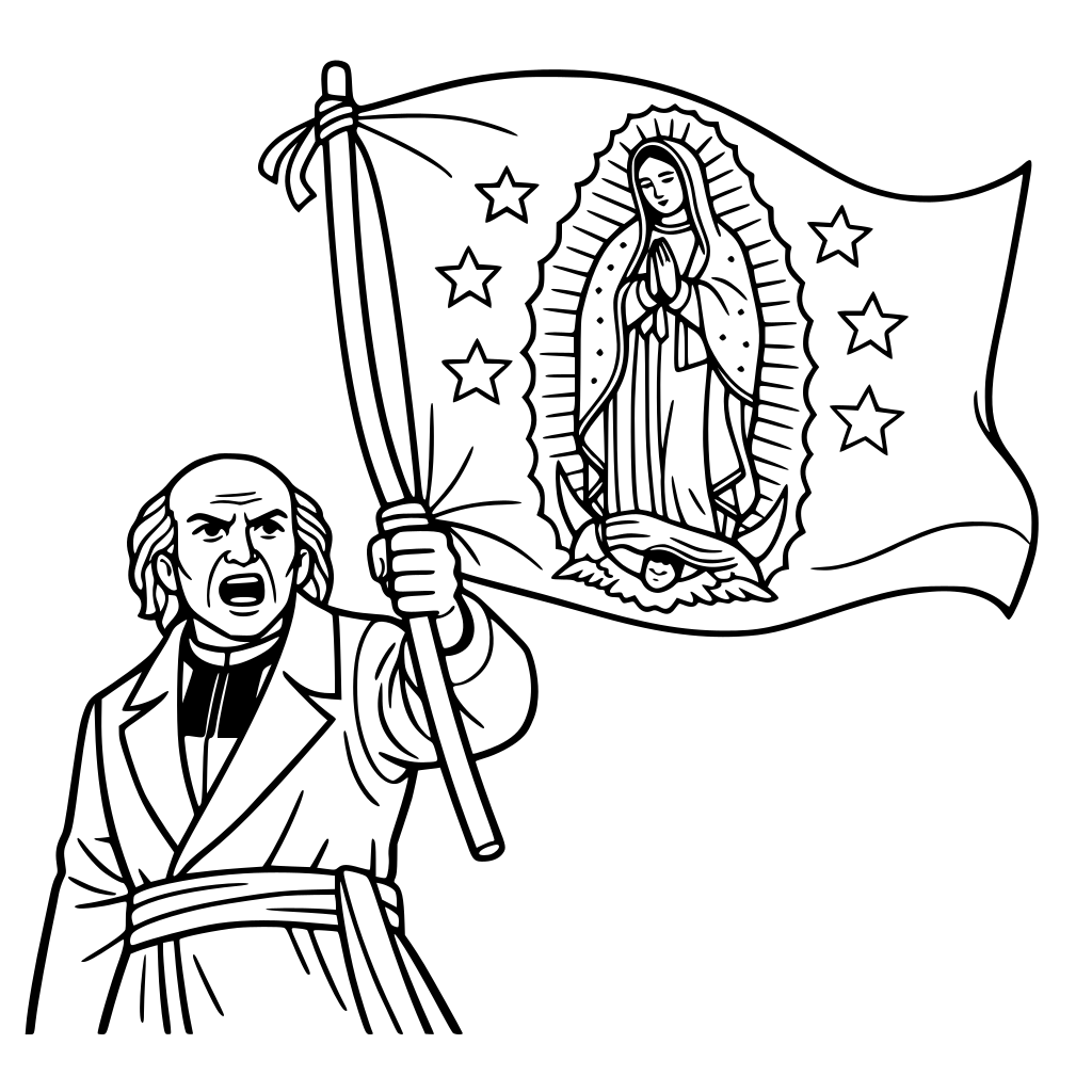 personaje miguel hidalgo y costilla levantando una bandera de la virgen de guadalupe