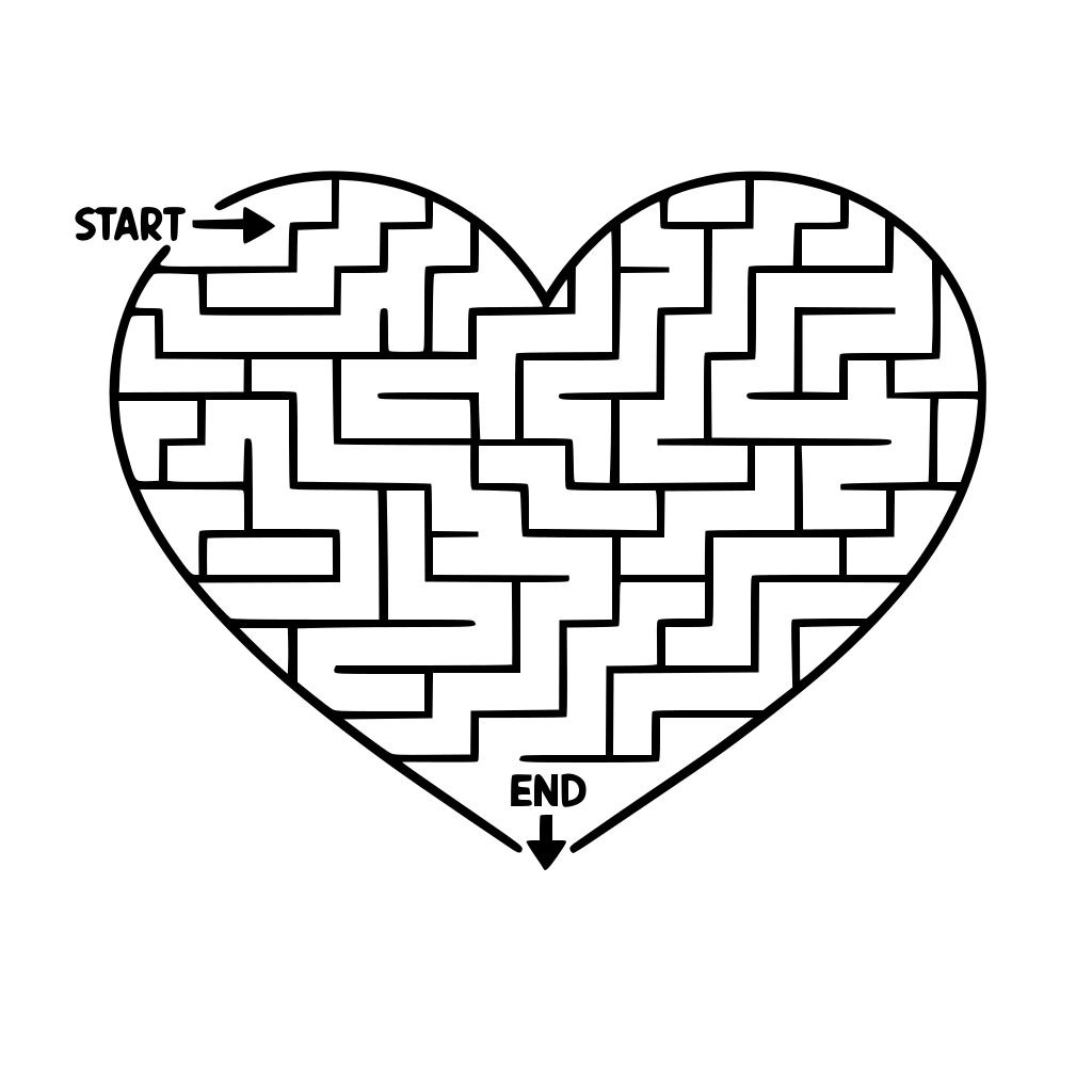 A heart shaped maze in black and white