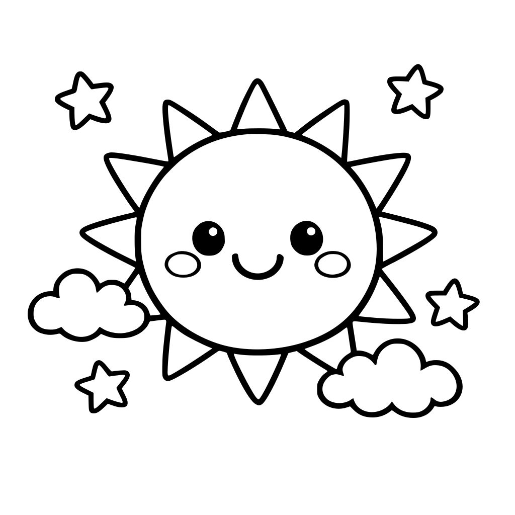 Act as a colouring book illustrator for kids aged [2-4]. name of the object is SUN. Based on that, create a clean, white background colouring image with bold thick outlines, suitable for this age group