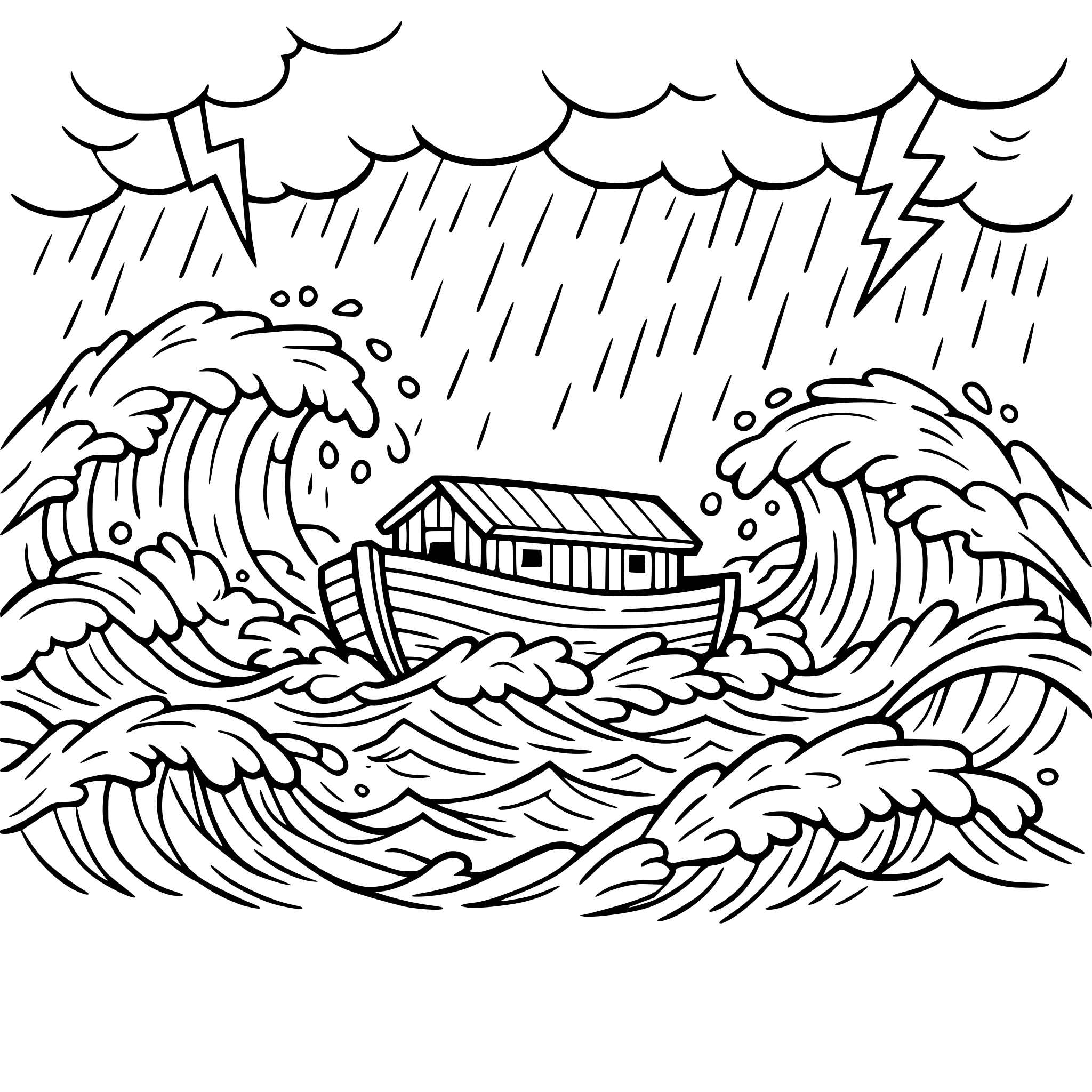create a design with the ark closed and in the middle of the sea tossed by waves, add water all around the boat and make the boat look small in comparison to the waves. Add storm and rain elements to the sky