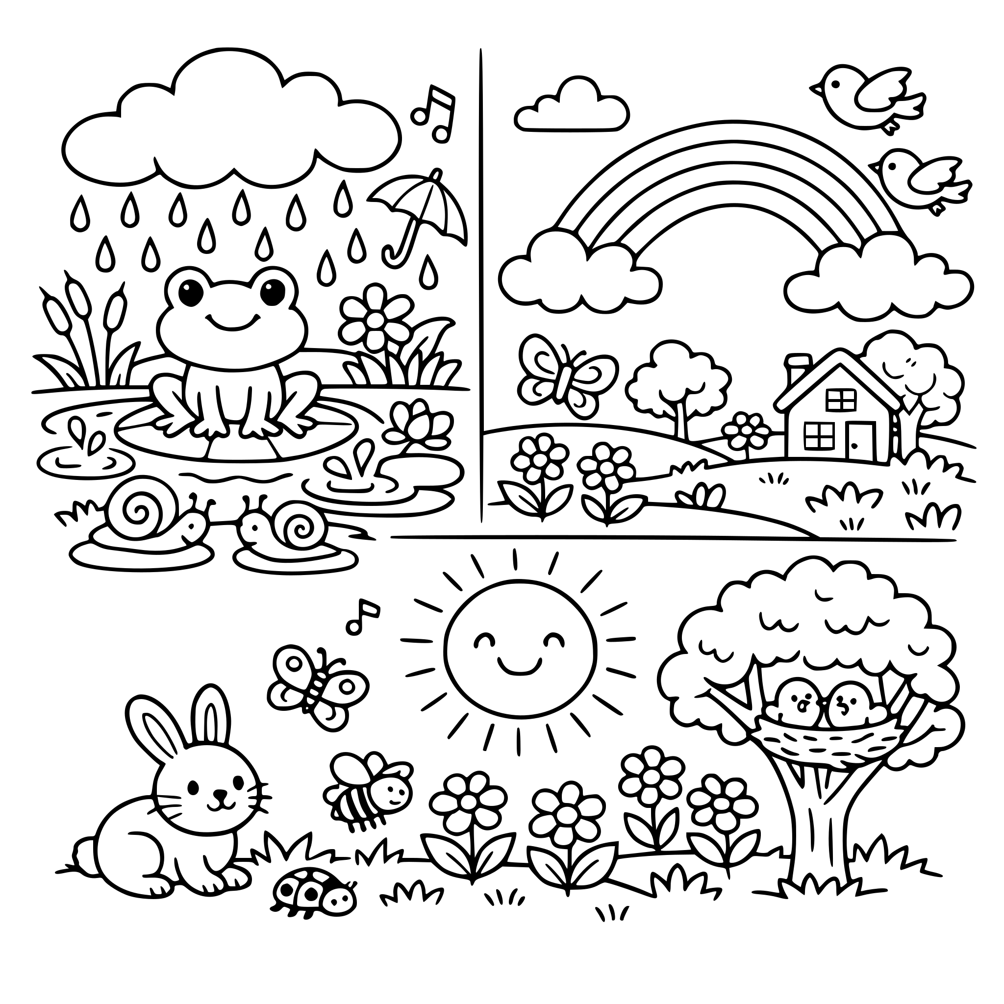 kolorowanka wiosenna podzielona na różne dni jakie możemy spotkać podczas wiosny. dzień deszczowy, dzien z tęczą, dzień ze słoneczkiem