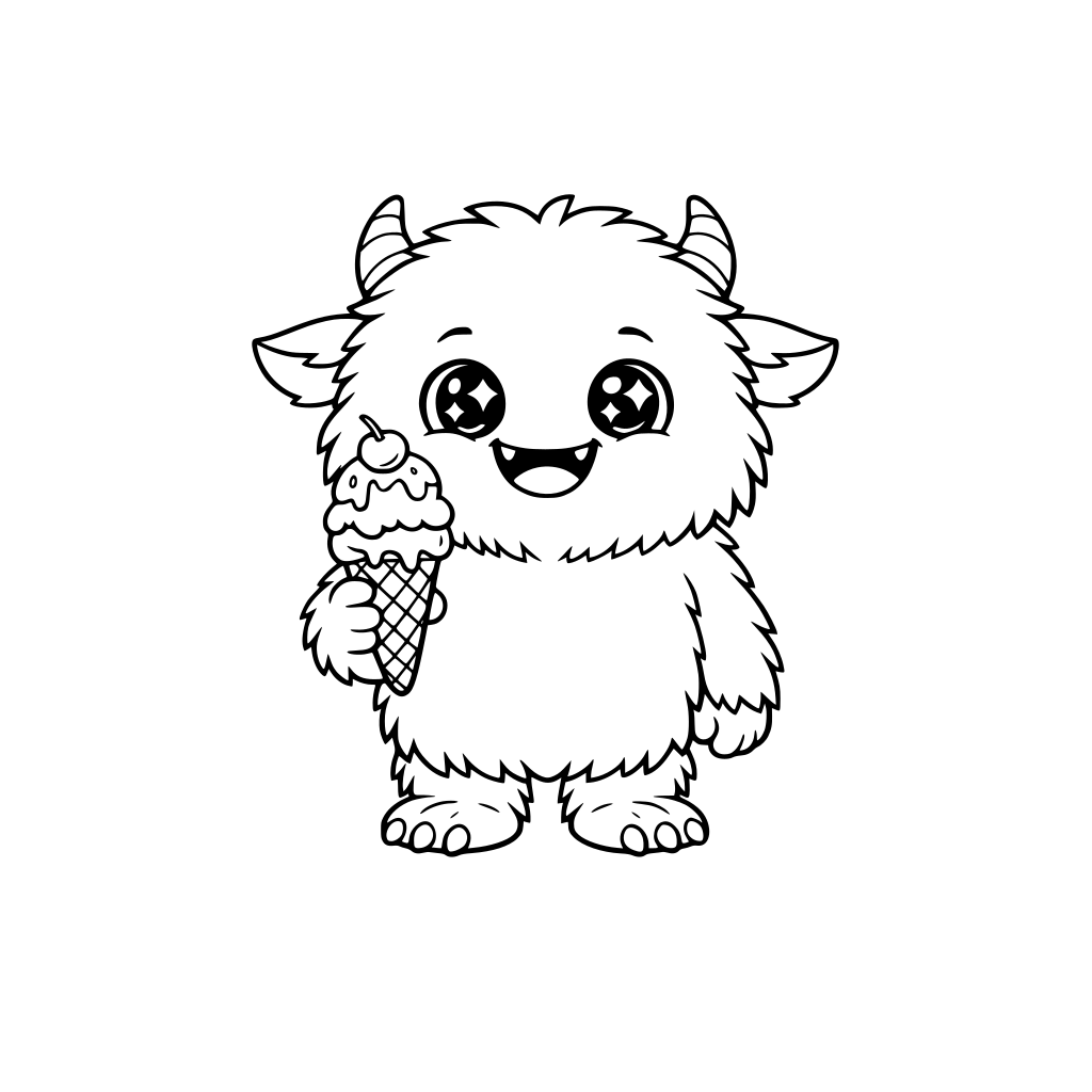 Cute fluffy monster with shining eyes, cute smile and icecream in his hand