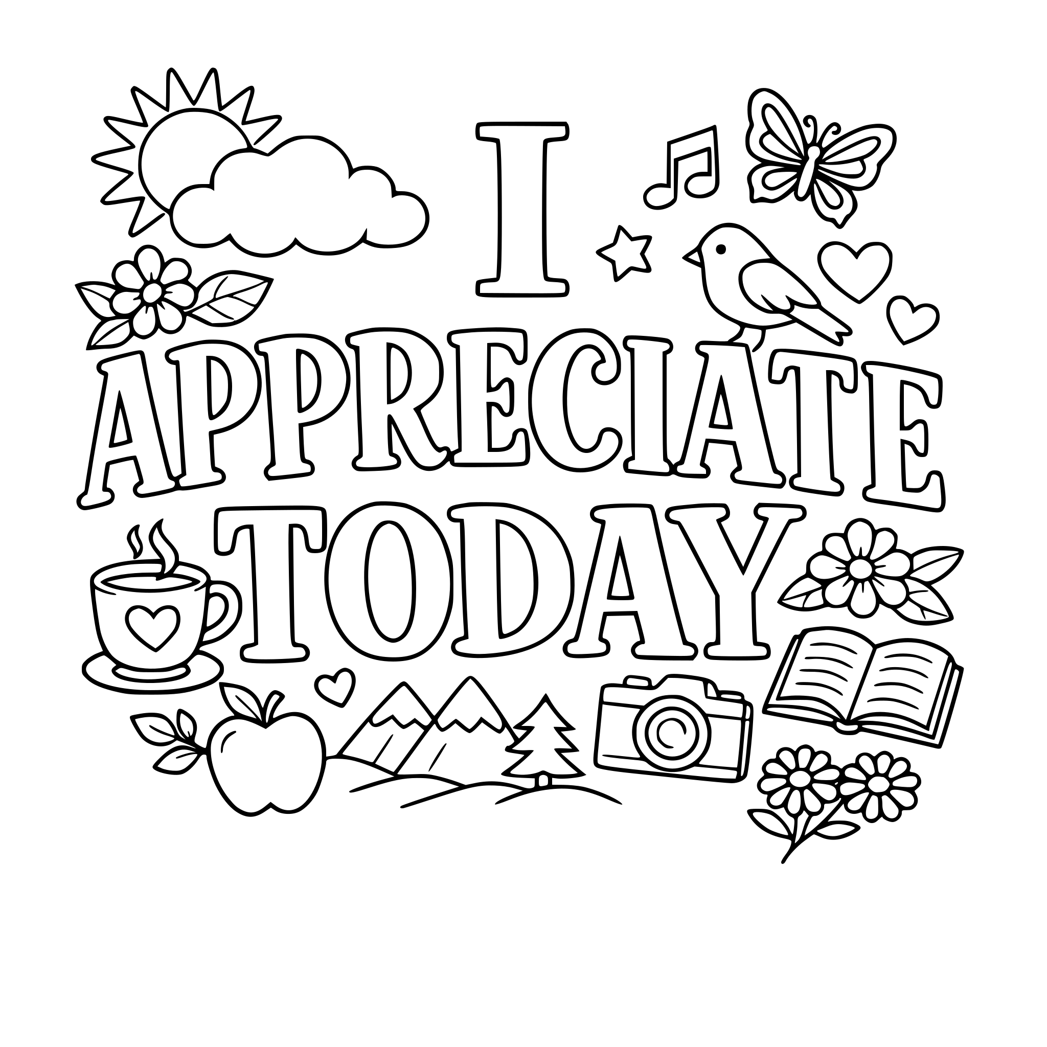 "I appreciate today" coloring letters with items around the letters that work with the lettering.