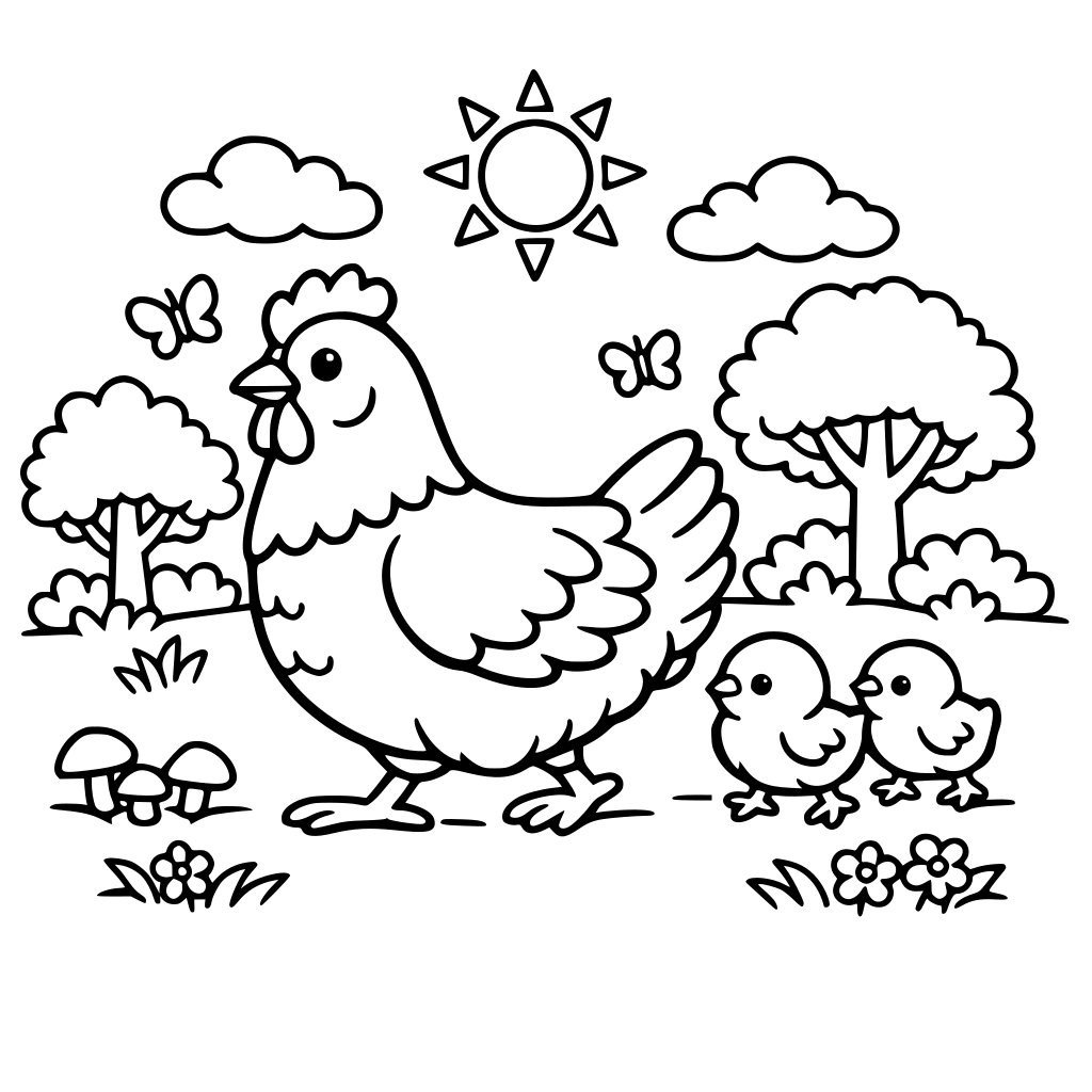 generate a chicken in the forest with 2 chicks behid