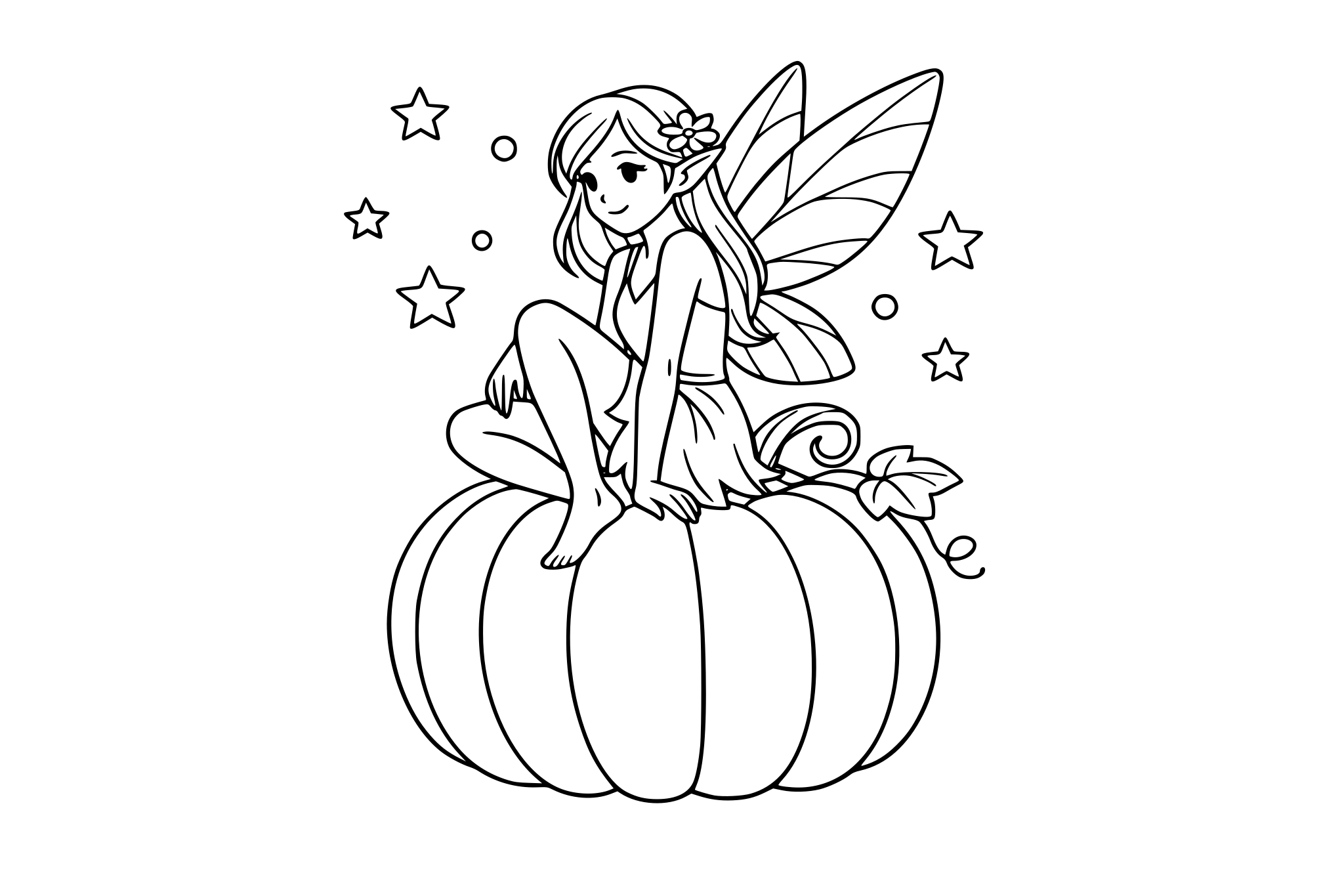 Fairy sitting on a pumpkin, minimalistic line.