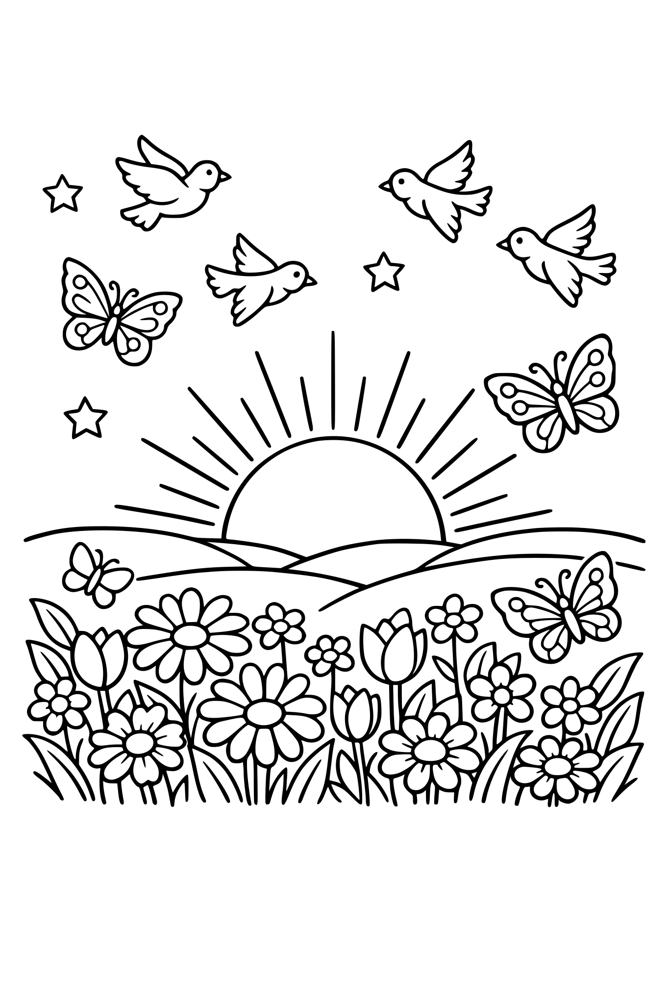 • Sun rising over flowers • Birds flying • Butterflies