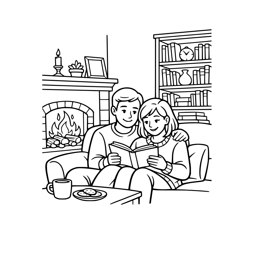 A cozy living room with a fireplace and a bookshelf with a couple reading a book