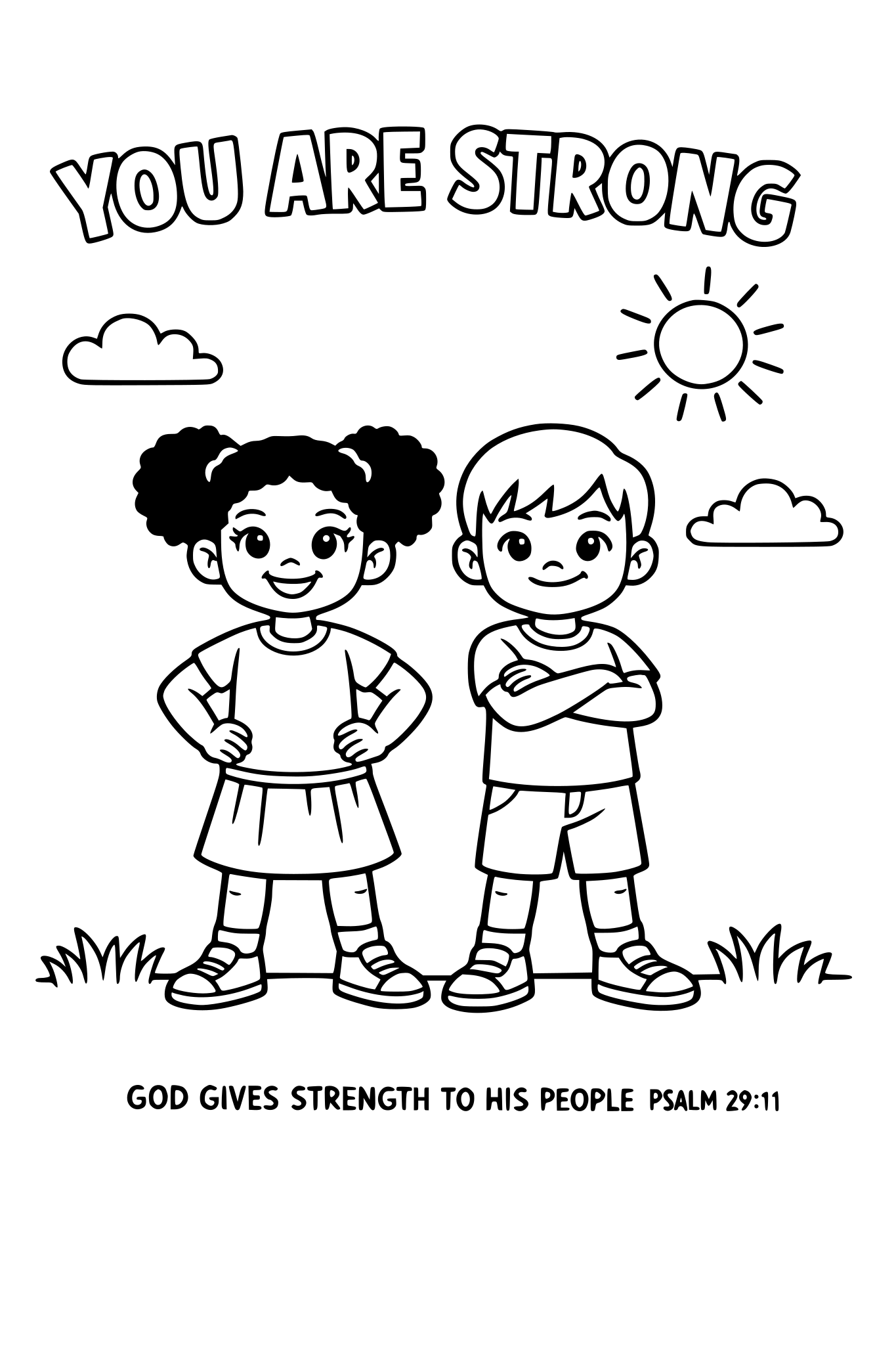 Black and white coloring page, simple kids line art, 2 child