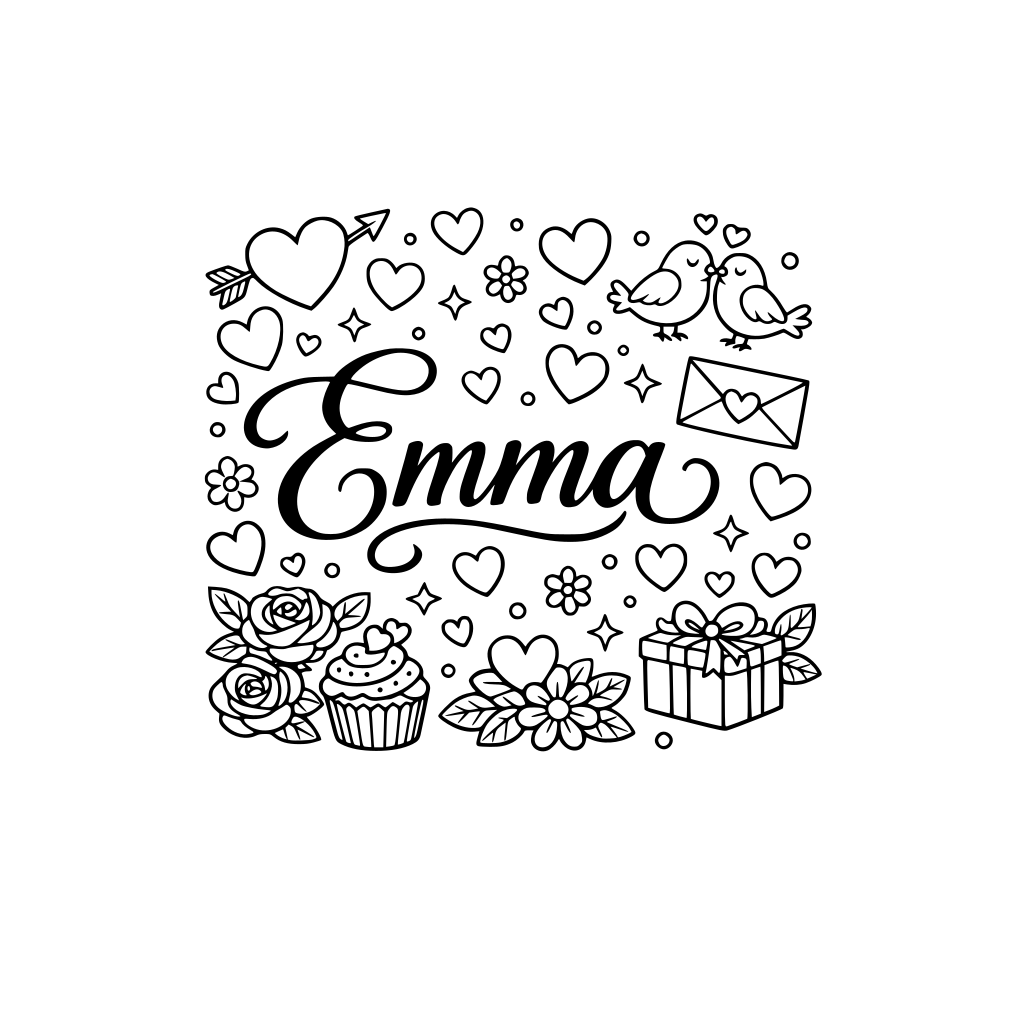 A Valentine’s Day coloring page with the name « Emma » written in pretty cursive letters, surrounded by hearts, Flowers and small décorative éléments, cute and romantic style, simple outlines, black and white Line art, white background
