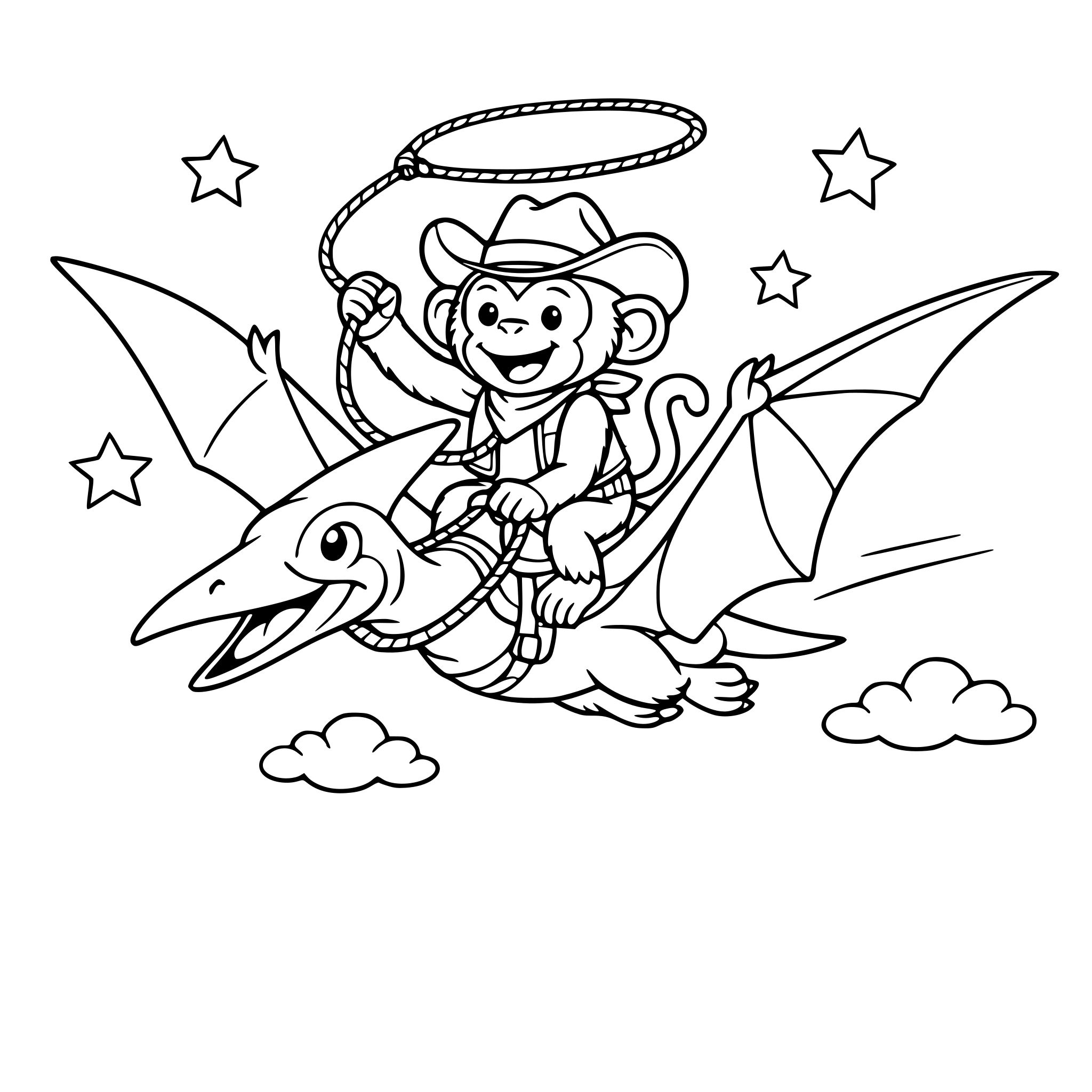 a monkey with a cowboy hat riding a flying pterodactyl