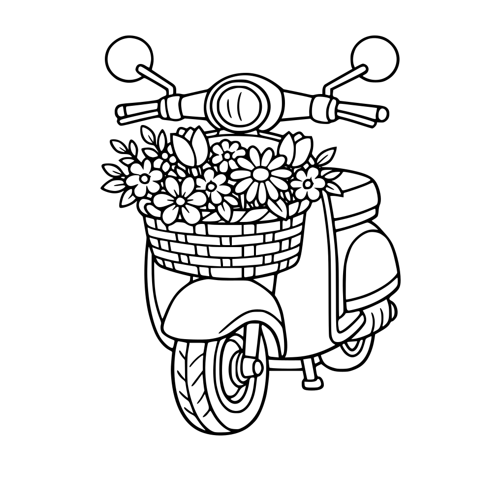 scooter with a basket on the front and flowers inside.