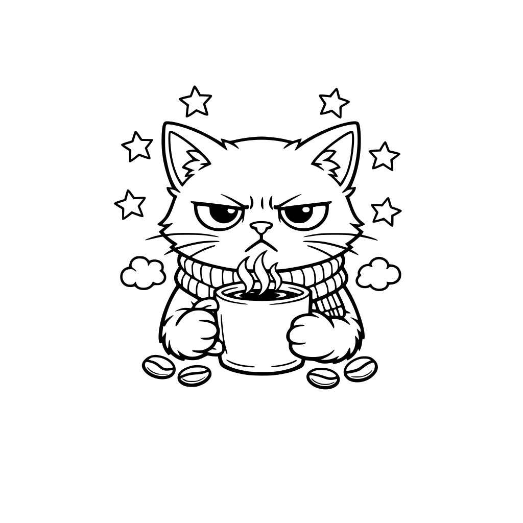 Grumpy kitty drinking a hot cup of coffee