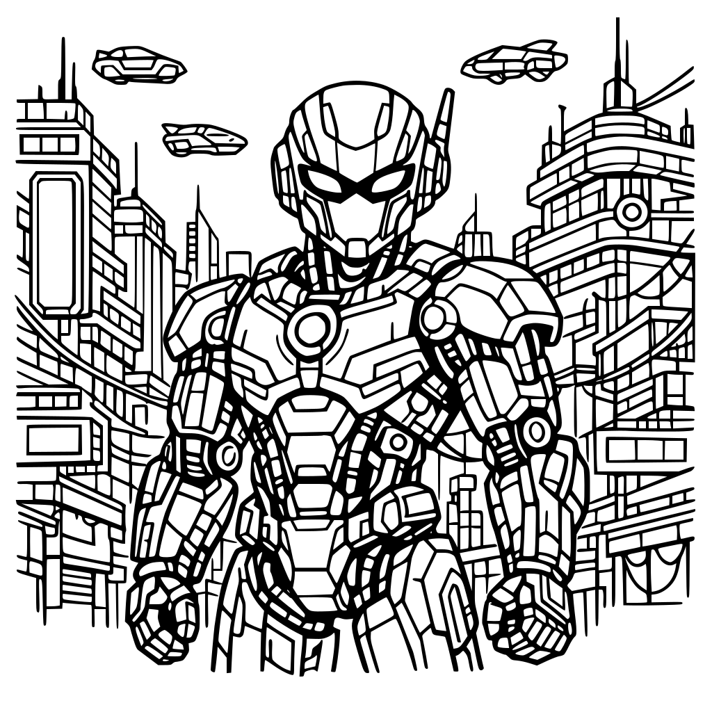 1. Futuristischer KI-Roboter mit leuchtenden Augen in einer Neon-Cyberpunk-Stadt, viele Details, klare Linien, Schwarz-Weiß-Malbuchstil.