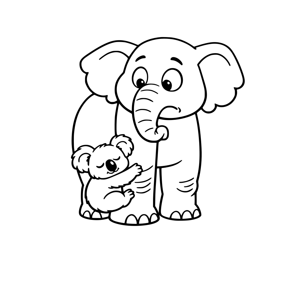 A sleepy Koala hanging on an elephant leg thinking its a tree. Confused elephant. Big shapes easy to draw. No question marks.