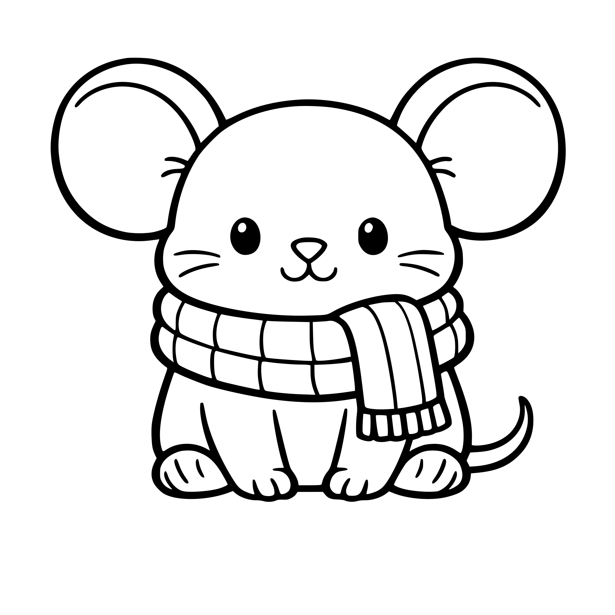 Mina the mouse, warm-gray mouse with big round ears and a chunky blue scarf, black-and-white line art, bold outlines, coloring-book style, front view, simple shapes, no shading.