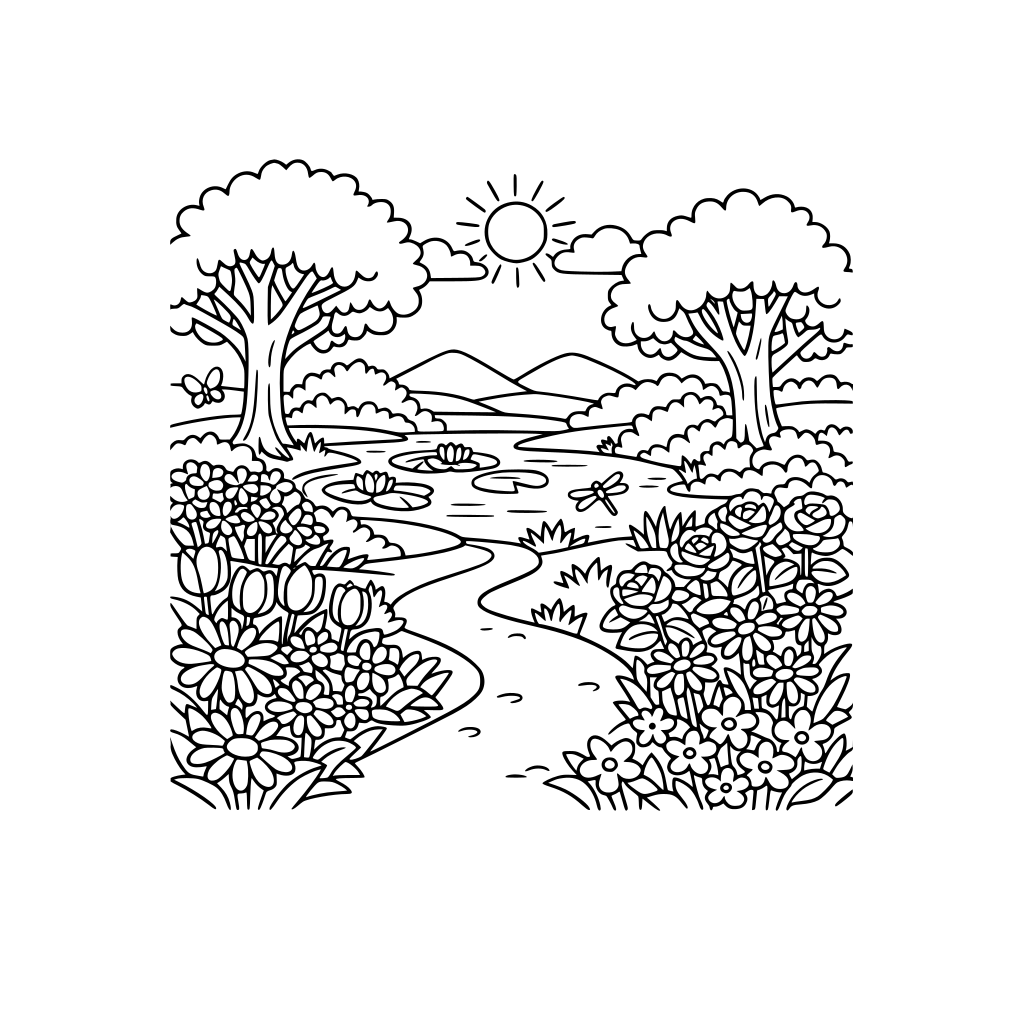 A landscape of a lush garden with flowers and trees