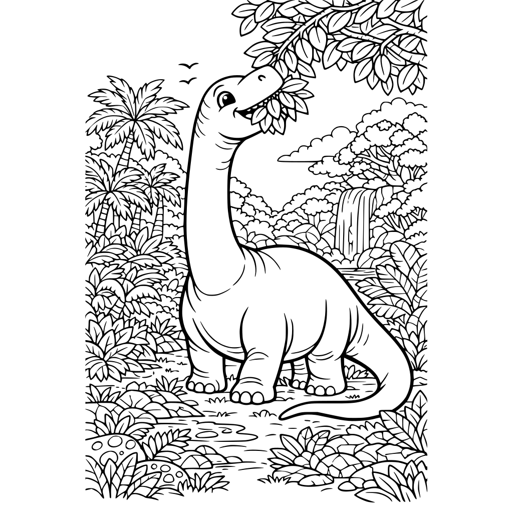 Portrait oriented coloring book page that is black and white with a friendly looking brontosaurus eating leaves from a tree top. Background has lots of vegetation. Fill the whole page with great detail that goes to the edges of the paper. Fit 8.5” by 11” paper.