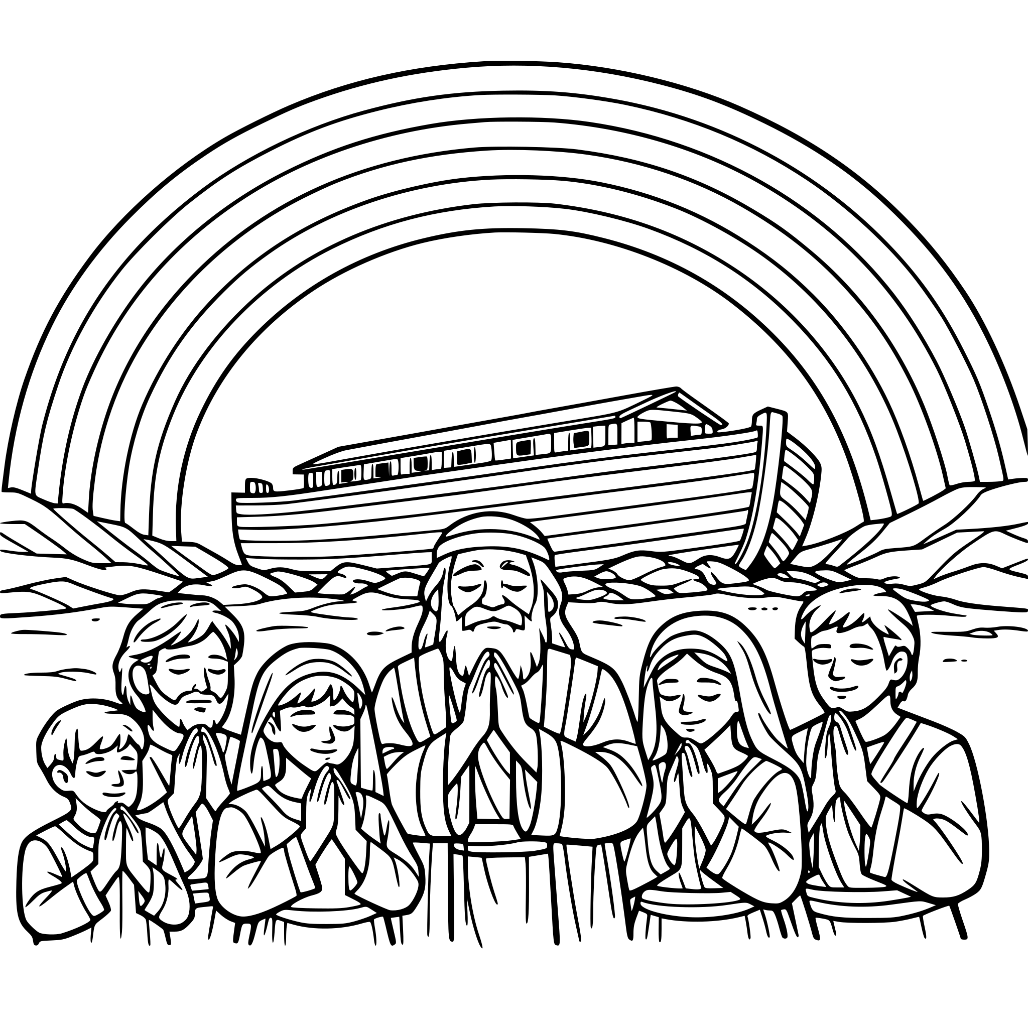create a design with the ark resting safely on dry ground. Make a huge rainbow in the sky, taking up the whole sky. Have noah and his family standing safely on dry ground, praying