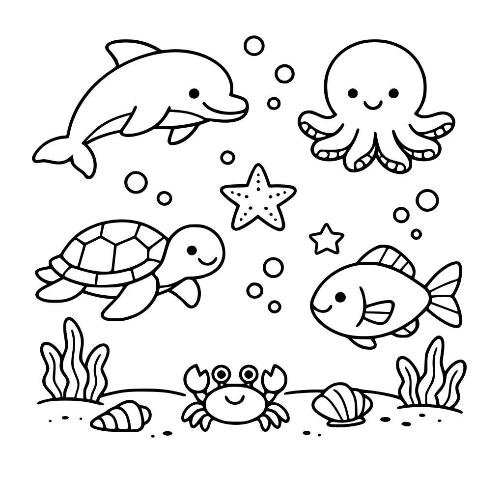 Minimalist Underwater scene with sea creatures