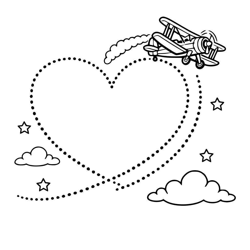 biplane doing a loop in the sky with a dotted heart trail behind it.