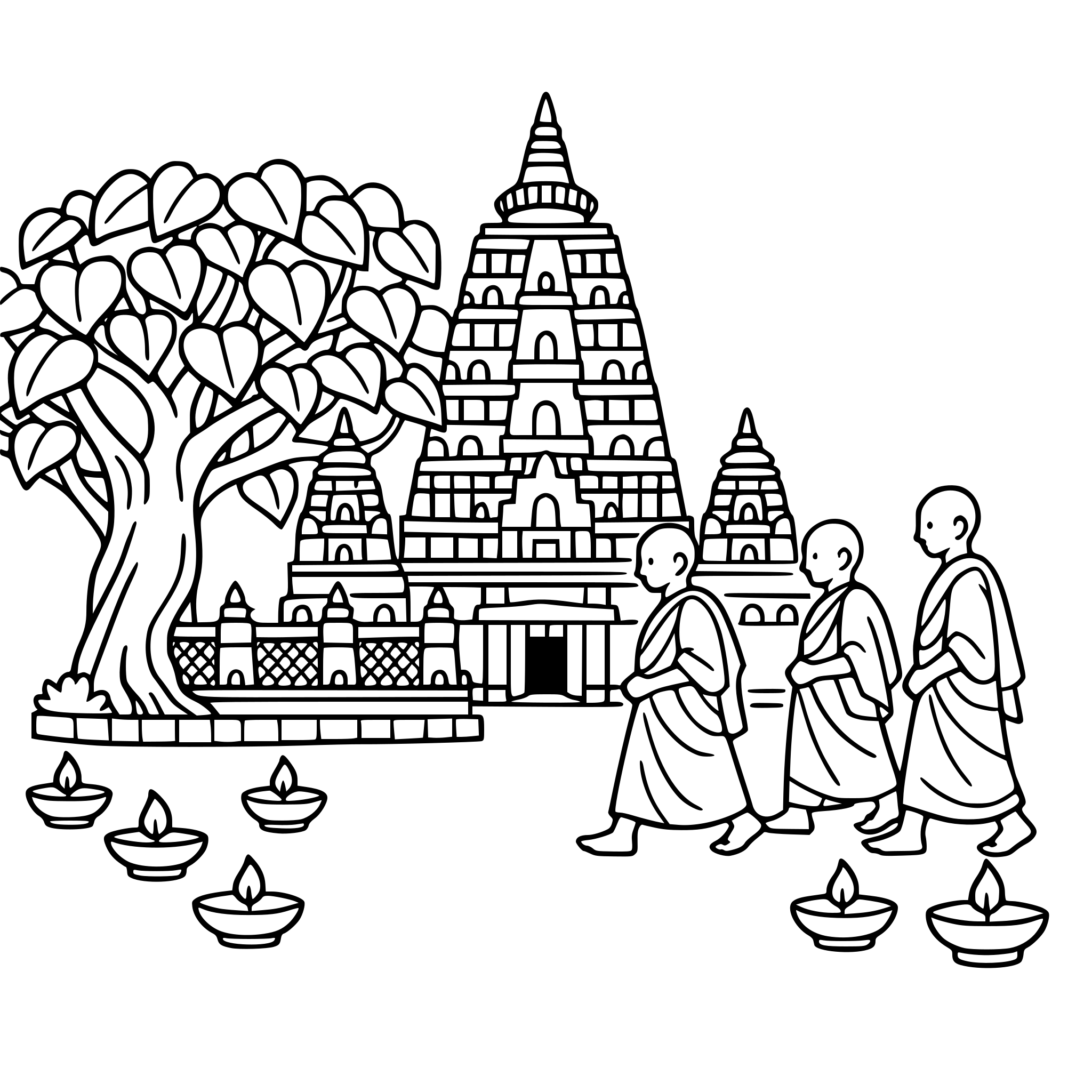 cute cozy simple Bihar Peaceful Bodh Gaya temple scene with Bodhi tree, small lamps, and monks walking.